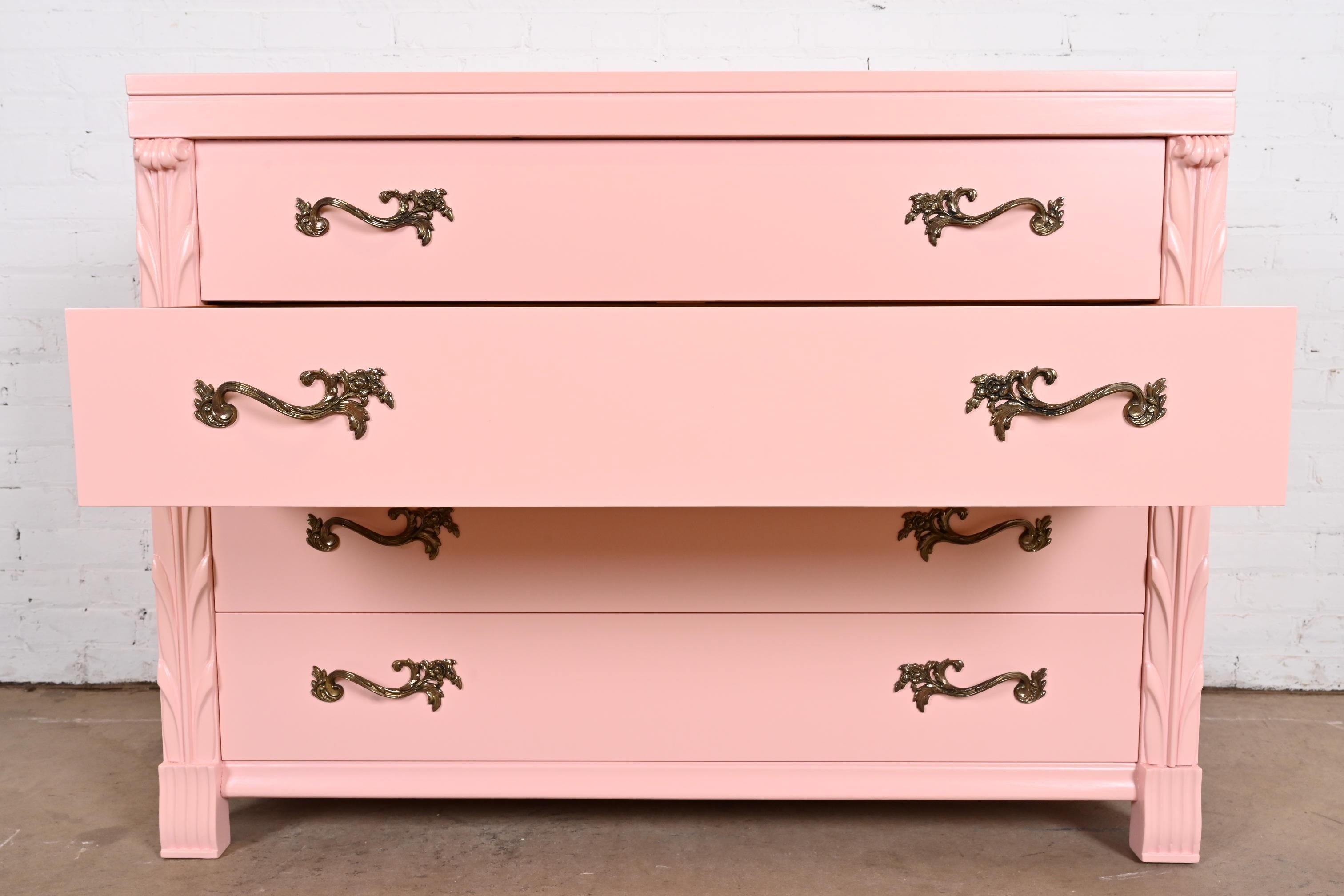 Brass John Stuart French Regency Pink Lacquered Dresser Chest, Newly Refinished For Sale