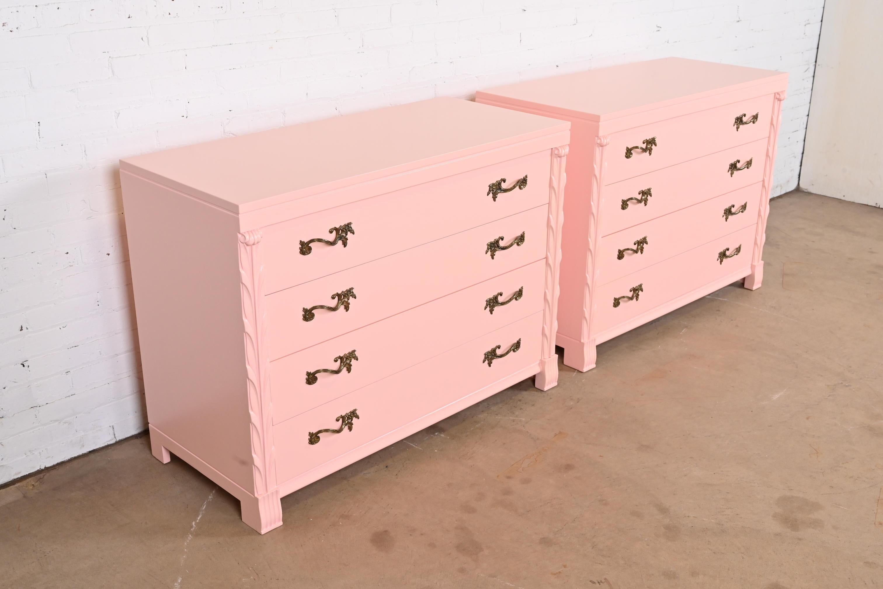 Brass John Stuart French Regency Pink Lacquered Dresser Chests, Newly Refinished