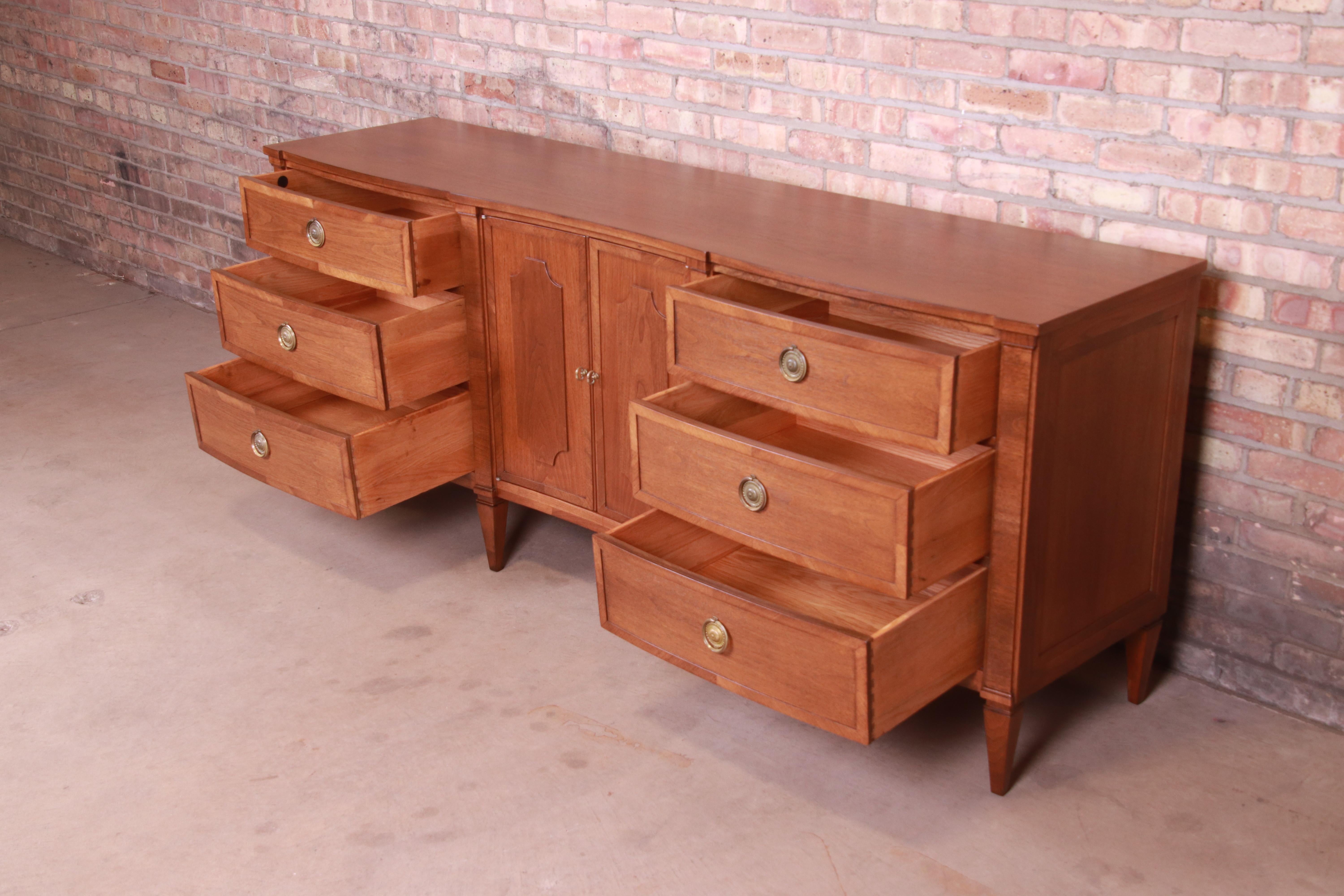 John Stuart French Regency Walnut Triple Dresser or Credenza, Newly Refinished In Good Condition In South Bend, IN