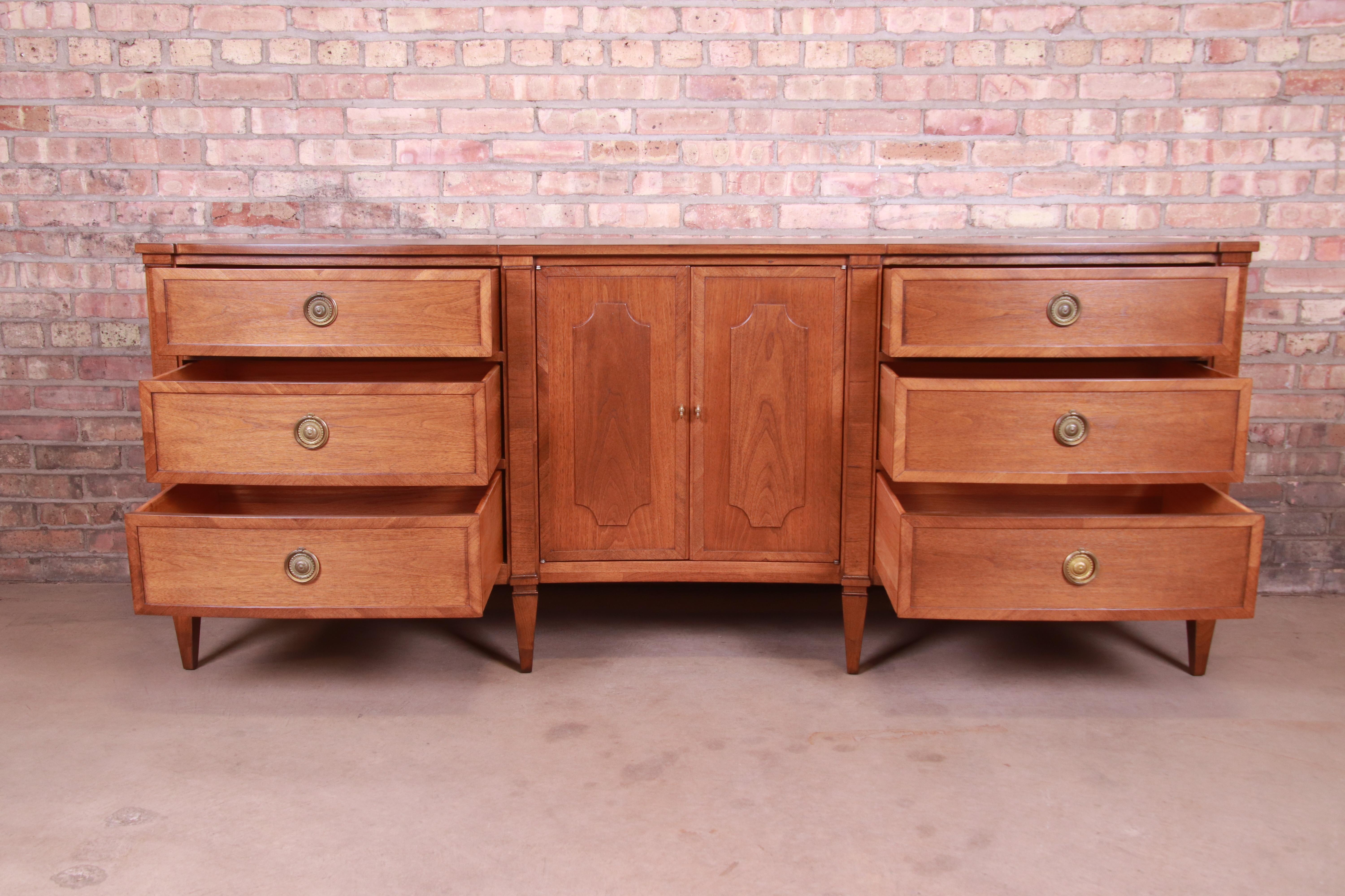 Mid-20th Century John Stuart French Regency Walnut Triple Dresser or Credenza, Newly Refinished