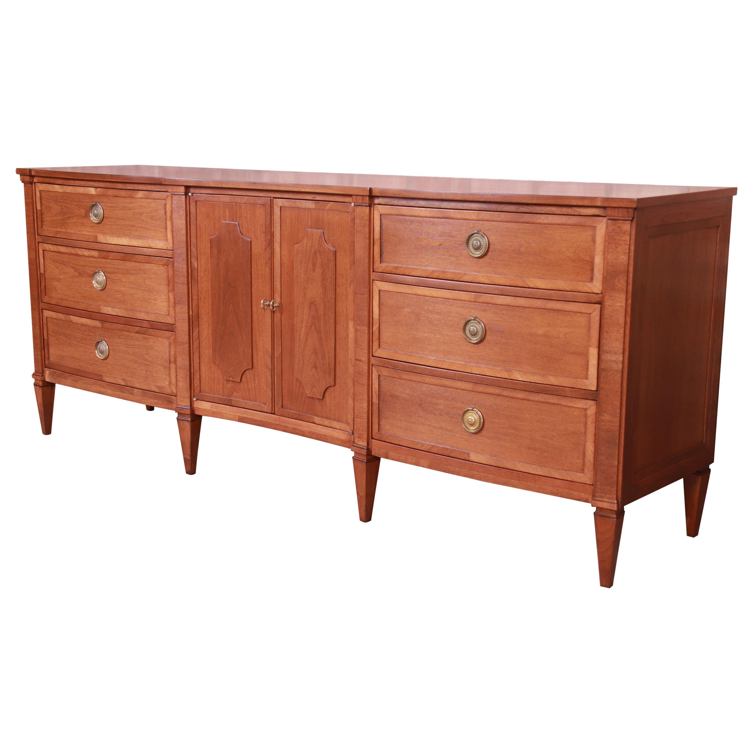 John Stuart French Regency Walnut Triple Dresser or Credenza, Newly Refinished