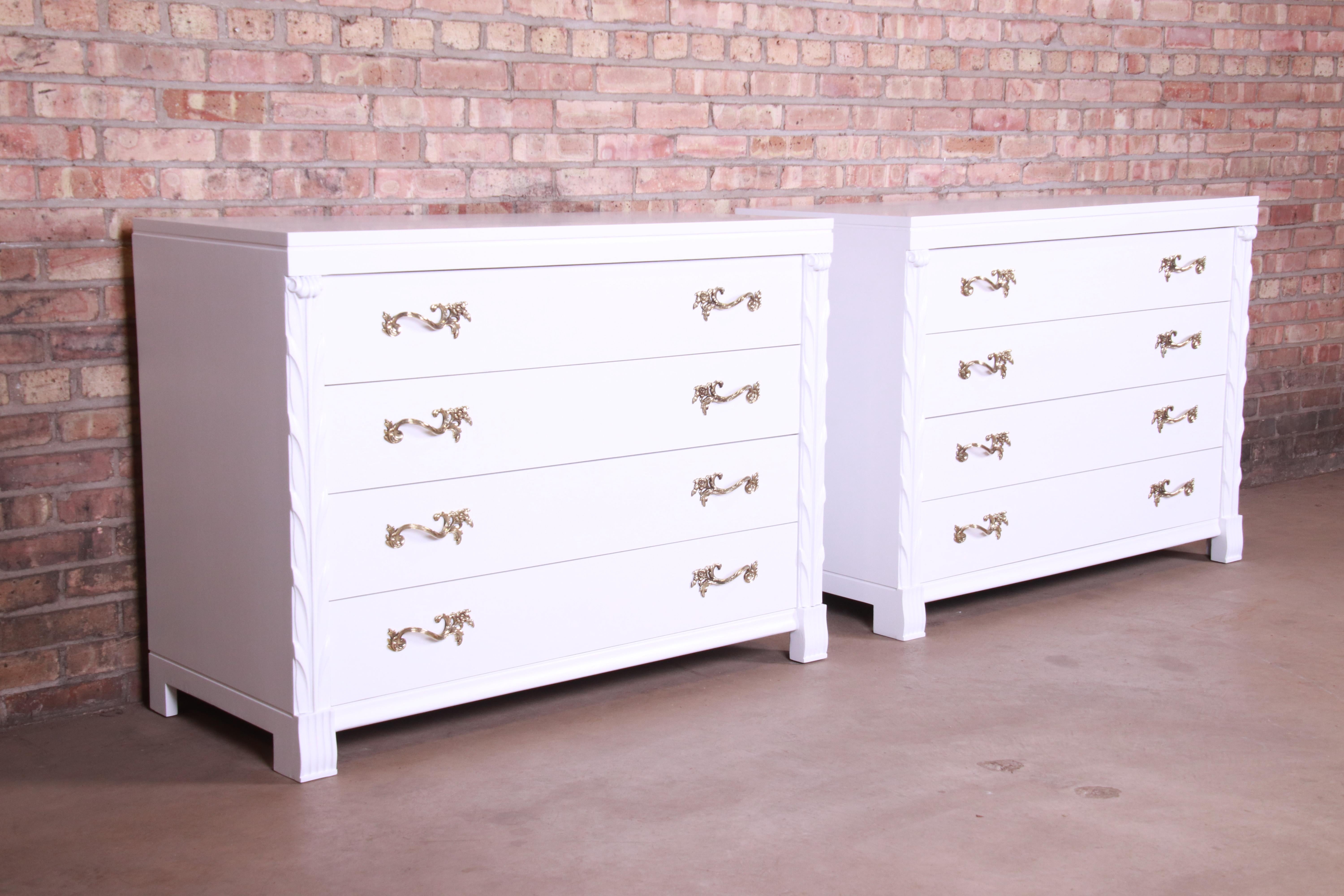 John Stuart French Regency White Lacquered Chests or Commodes, Newly Refinished In Good Condition In South Bend, IN