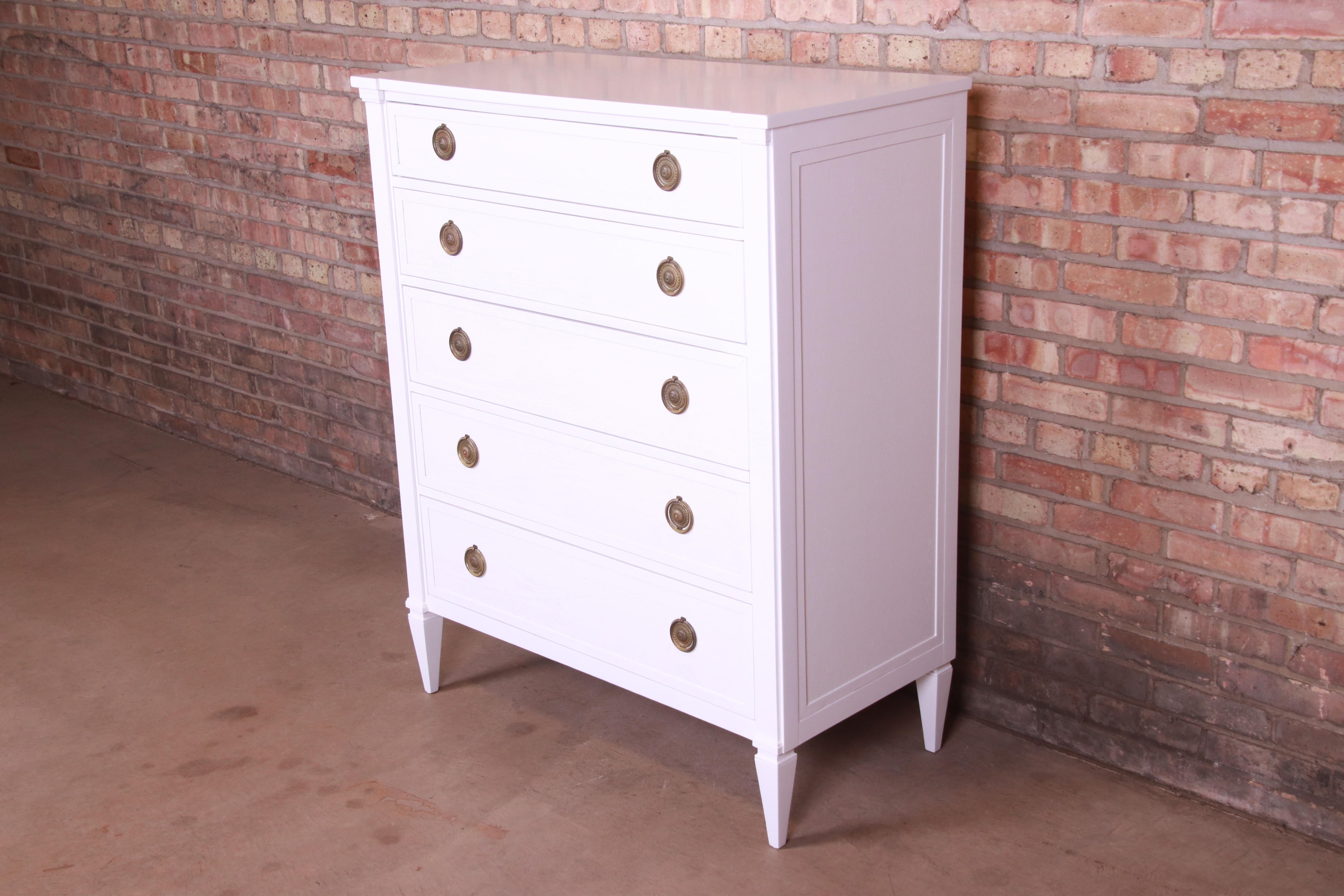 American John Stuart French Regency White Lacquered Highboy Dresser, Newly Refinished