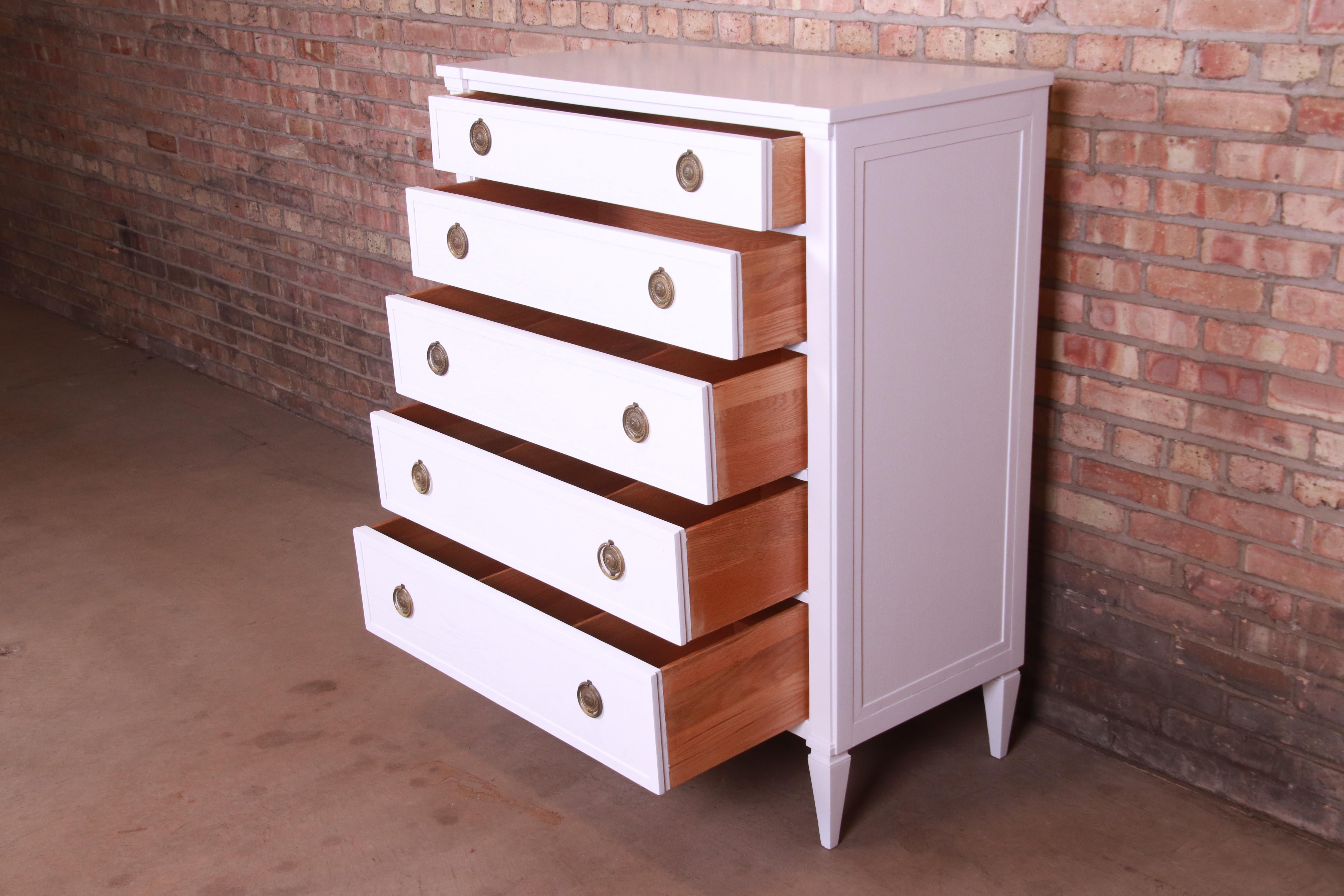 Brass John Stuart French Regency White Lacquered Highboy Dresser, Newly Refinished