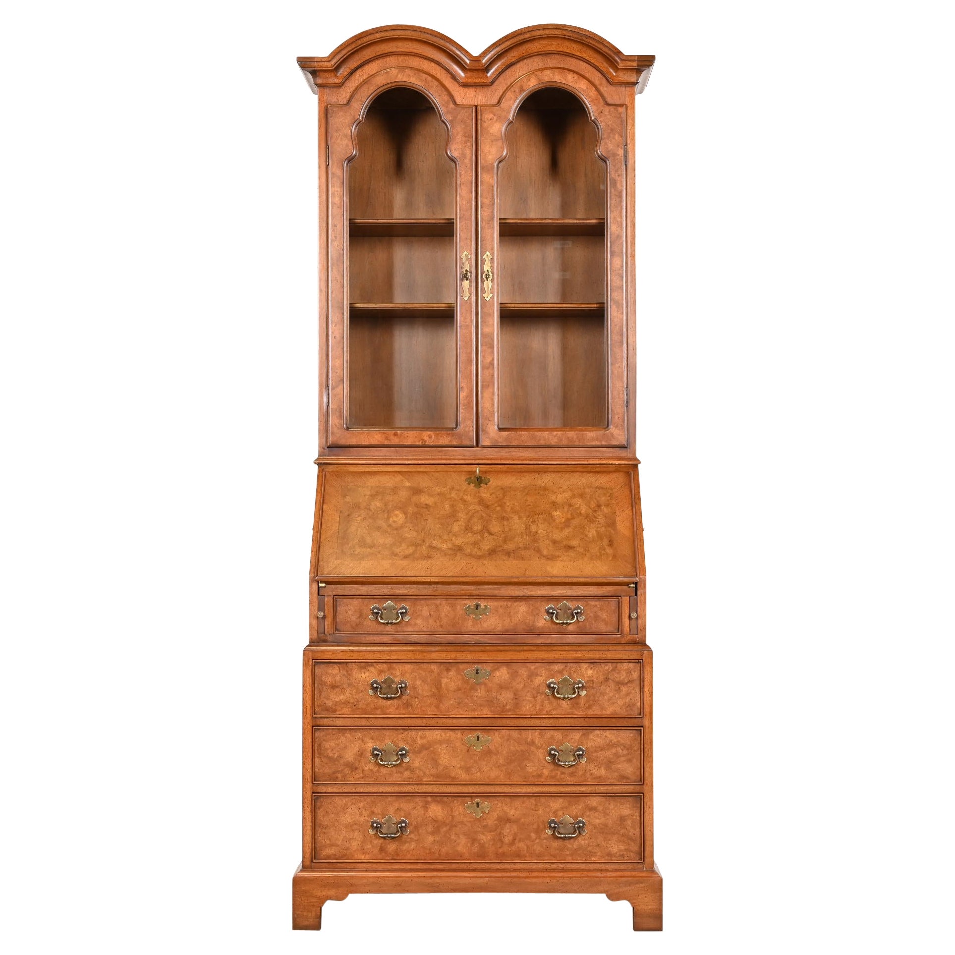 John Stuart Georgian Burl Wood Drop Front Sekretär Schreibtisch mit Bücherregal Hutch im Angebot