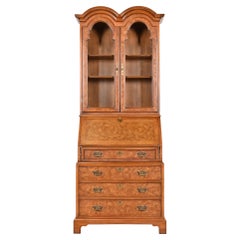John Stuart Georgian Burl Wood Drop Front Secretary Desk with Bookcase Hutch