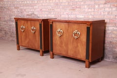 John Stuart Hollywood Regency Walnut and Burl Wood Servers or Bar Cabinets, Pair