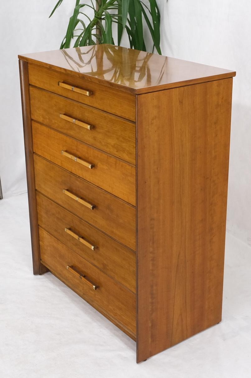 Brass John Stuart Honey Amber Maple High Chest 6 Drawers Dresser Cabinet Wooden Pulls For Sale