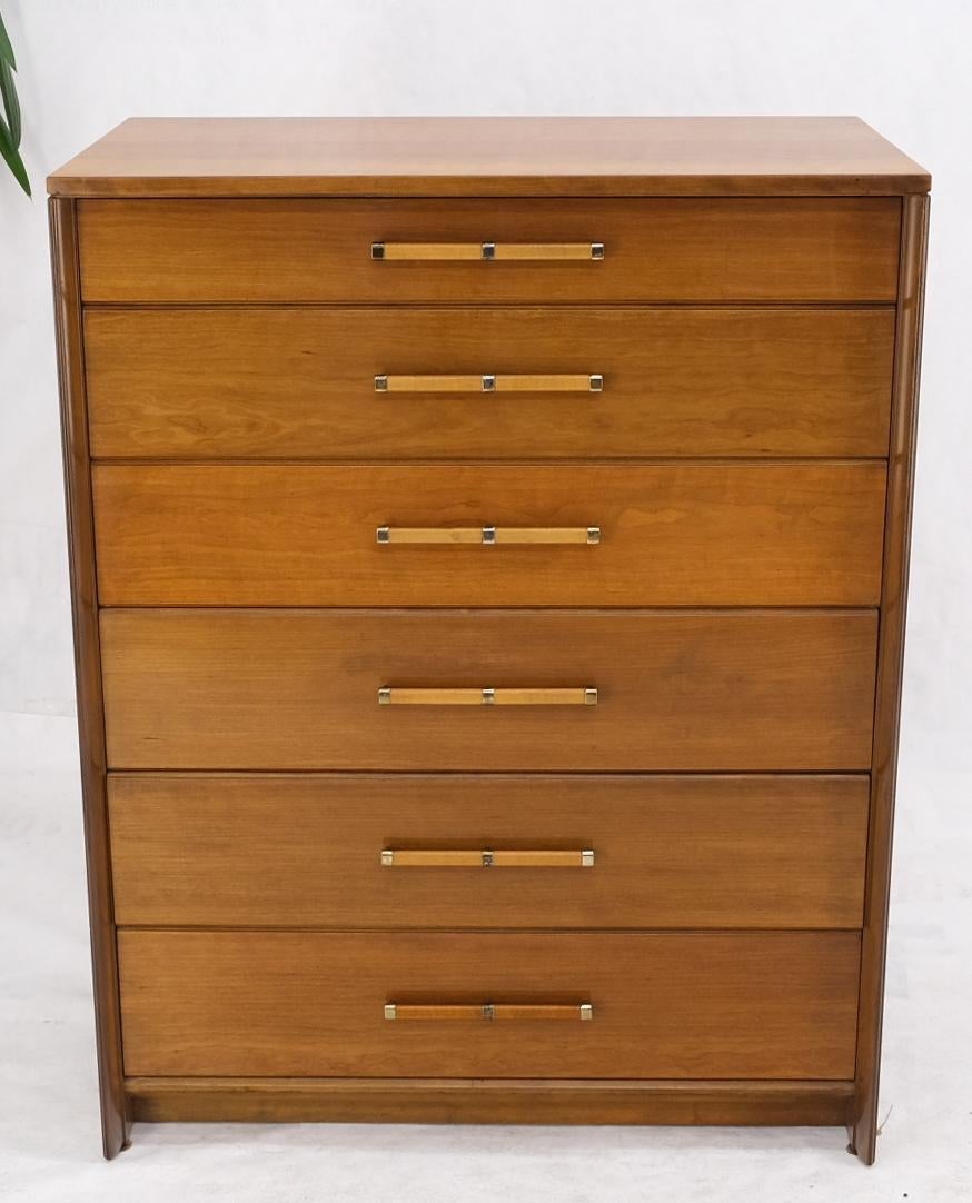Mid-Century Modern John Stuart Honey Amber Maple High Chest 6 Drawers Dresser Cabinet Wooden Pulls For Sale
