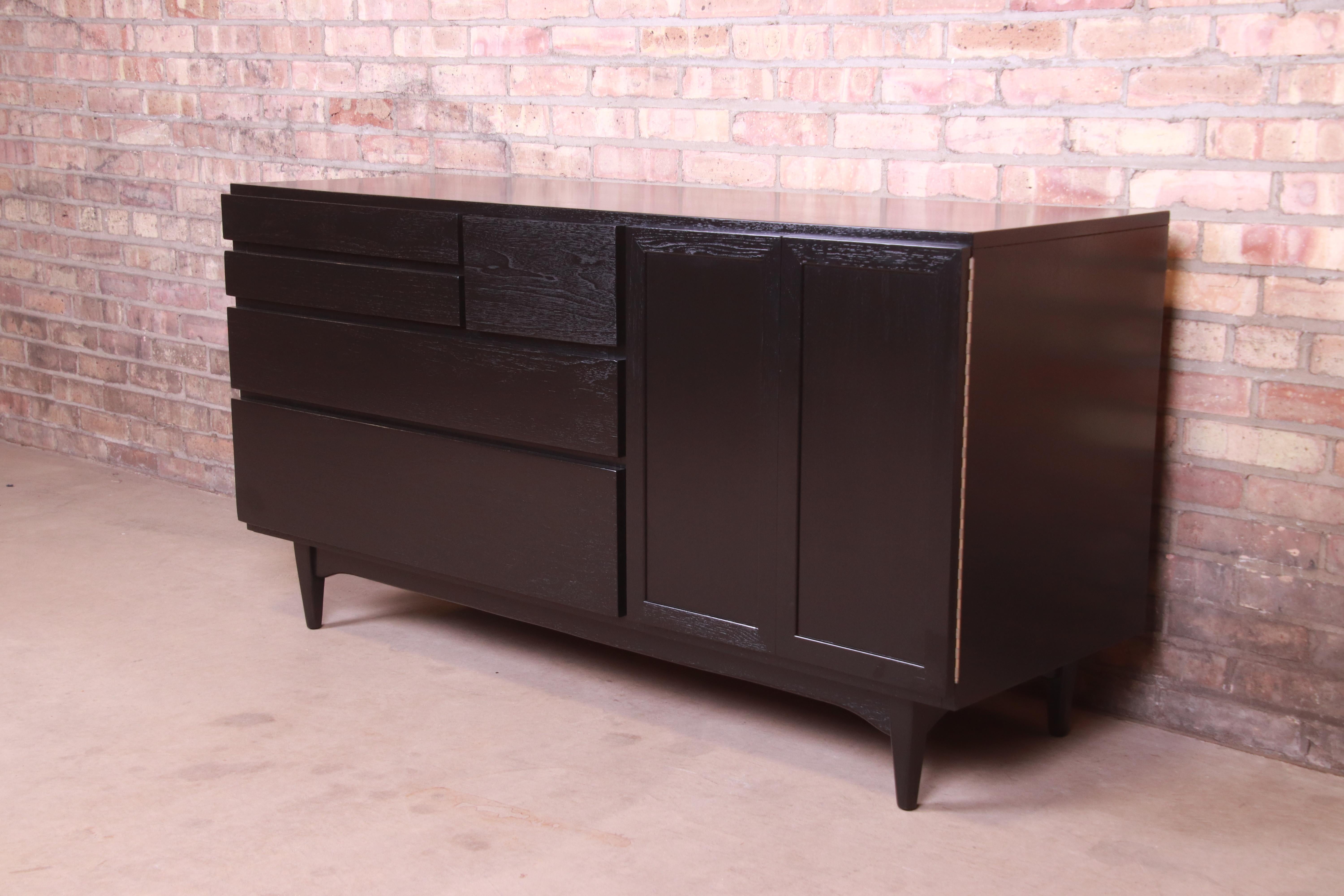 Walnut John Stuart Mid-Century Modern Black Lacquered Dresser or Credenza, Refinished
