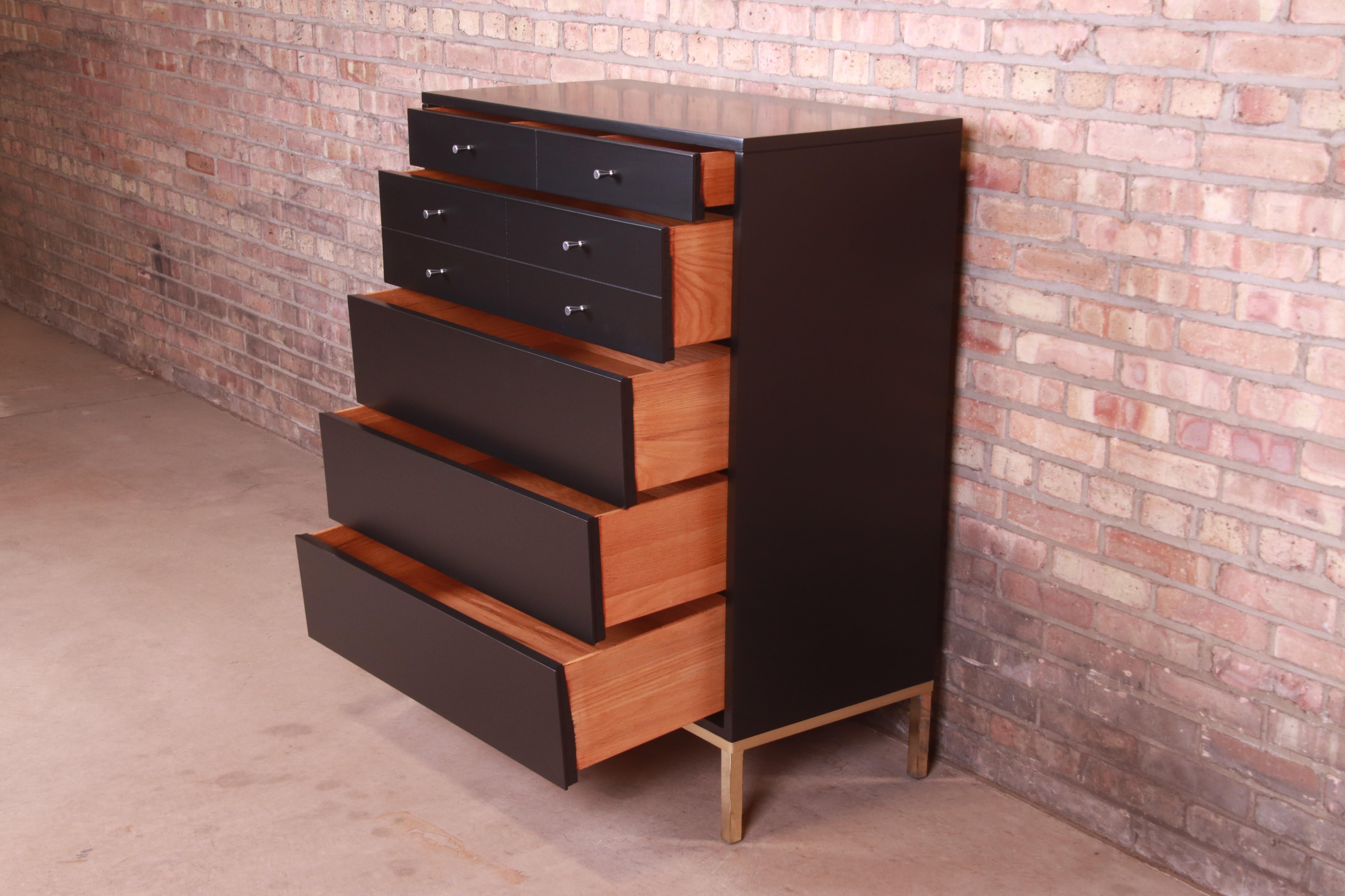 John Stuart Mid-Century Modern Black Lacquered Highboy Dresser, Newly Refinished 4