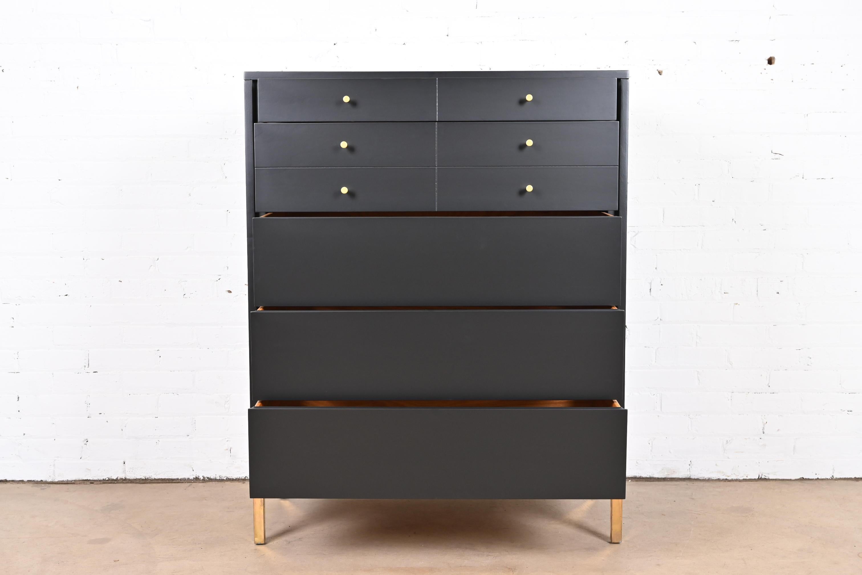 John Stuart Mid-Century Modern Black Lacquered Highboy Dresser, Newly Refinished 4