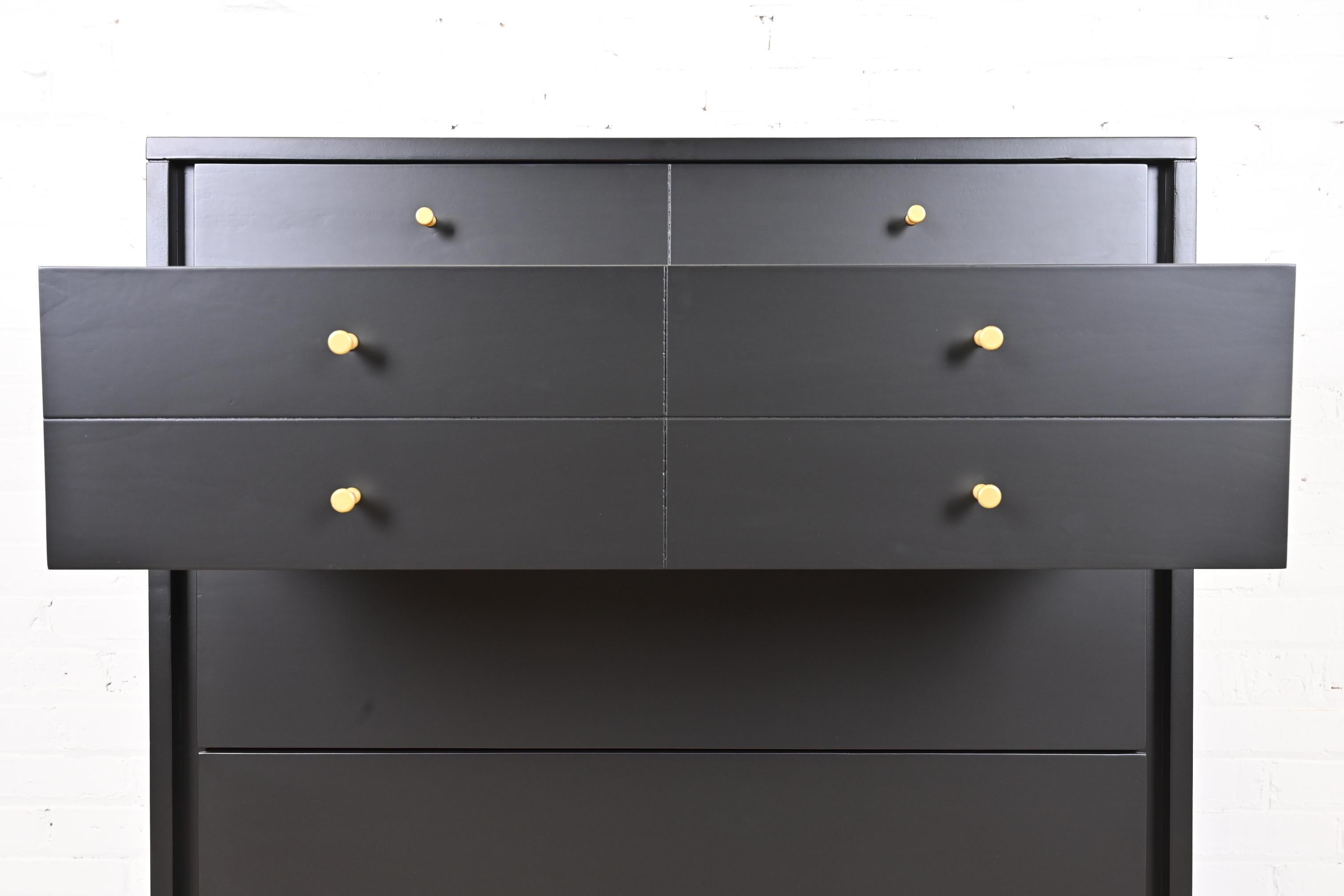 John Stuart Mid-Century Modern Black Lacquered Highboy Dresser, Newly Refinished 5