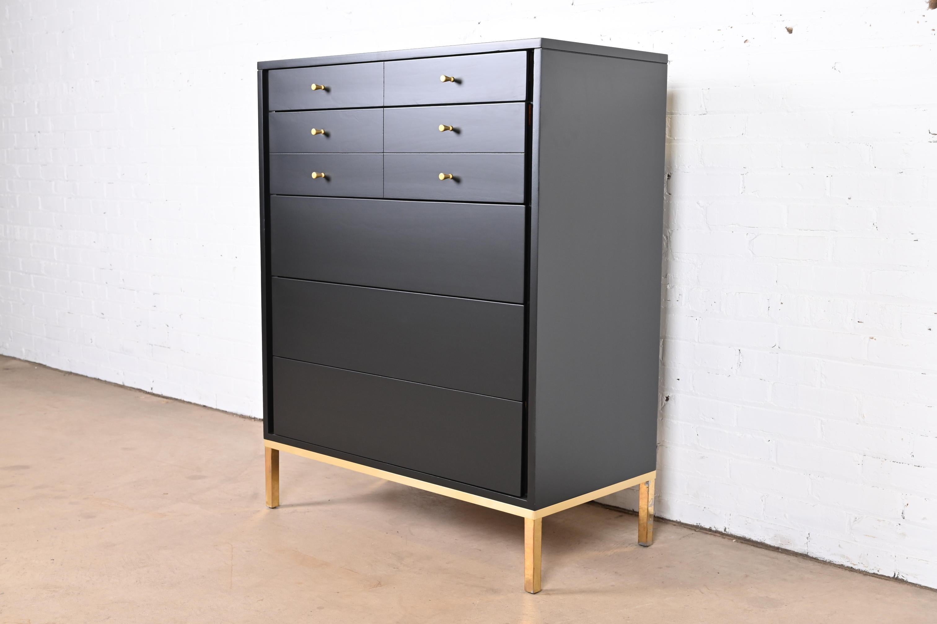 American John Stuart Mid-Century Modern Black Lacquered Highboy Dresser, Newly Refinished