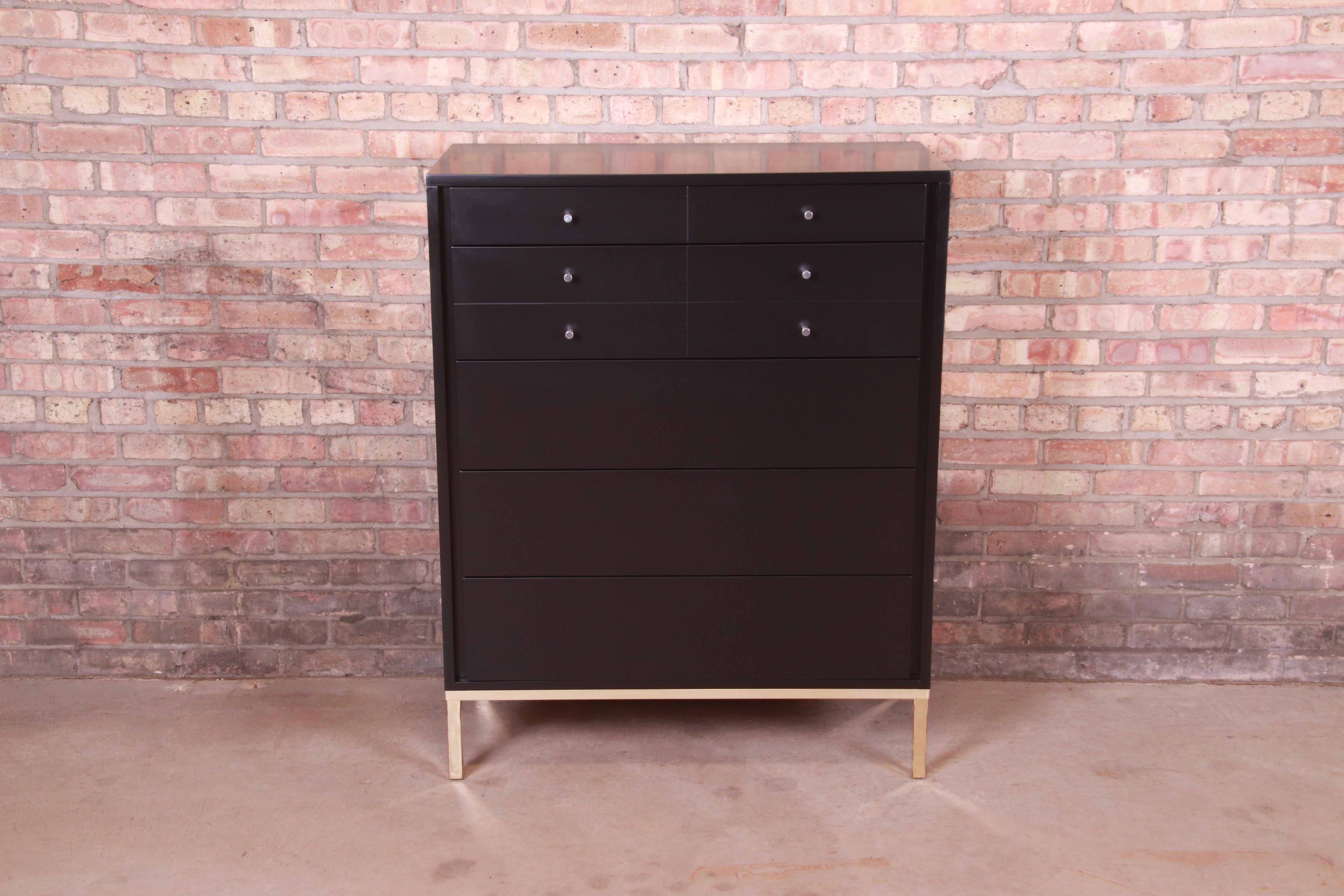 John Stuart Mid-Century Modern Black Lacquered Highboy Dresser, Newly Refinished In Good Condition In South Bend, IN