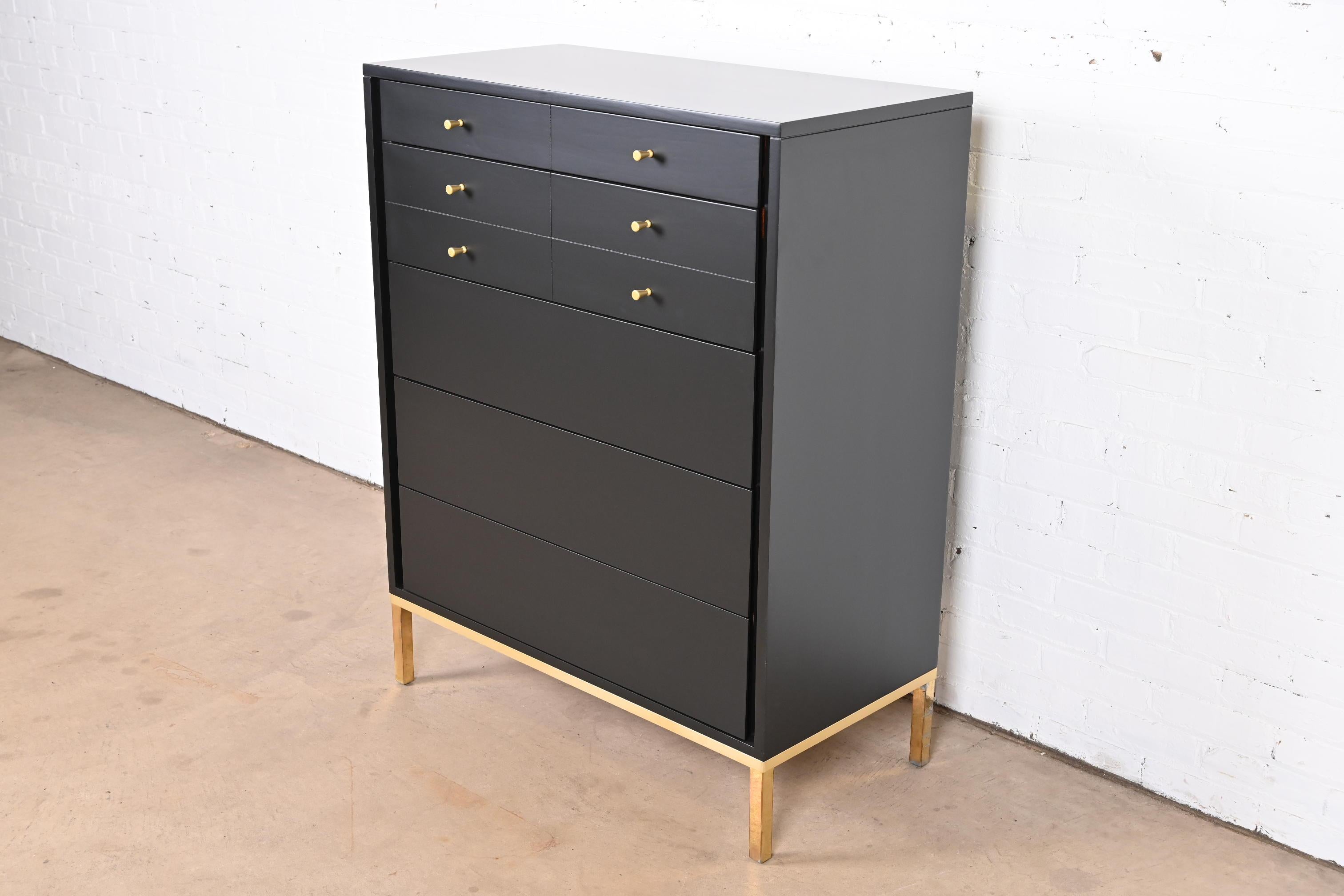 John Stuart Mid-Century Modern Black Lacquered Highboy Dresser, Newly Refinished In Good Condition In South Bend, IN