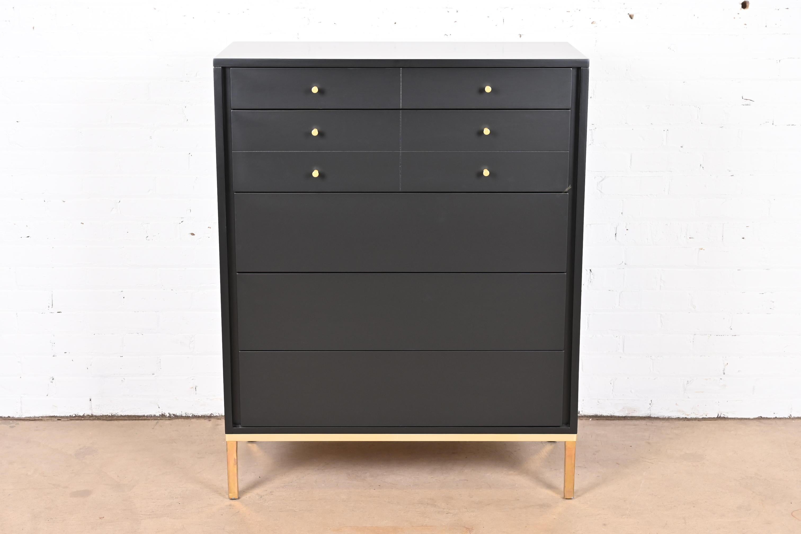 20th Century John Stuart Mid-Century Modern Black Lacquered Highboy Dresser, Newly Refinished