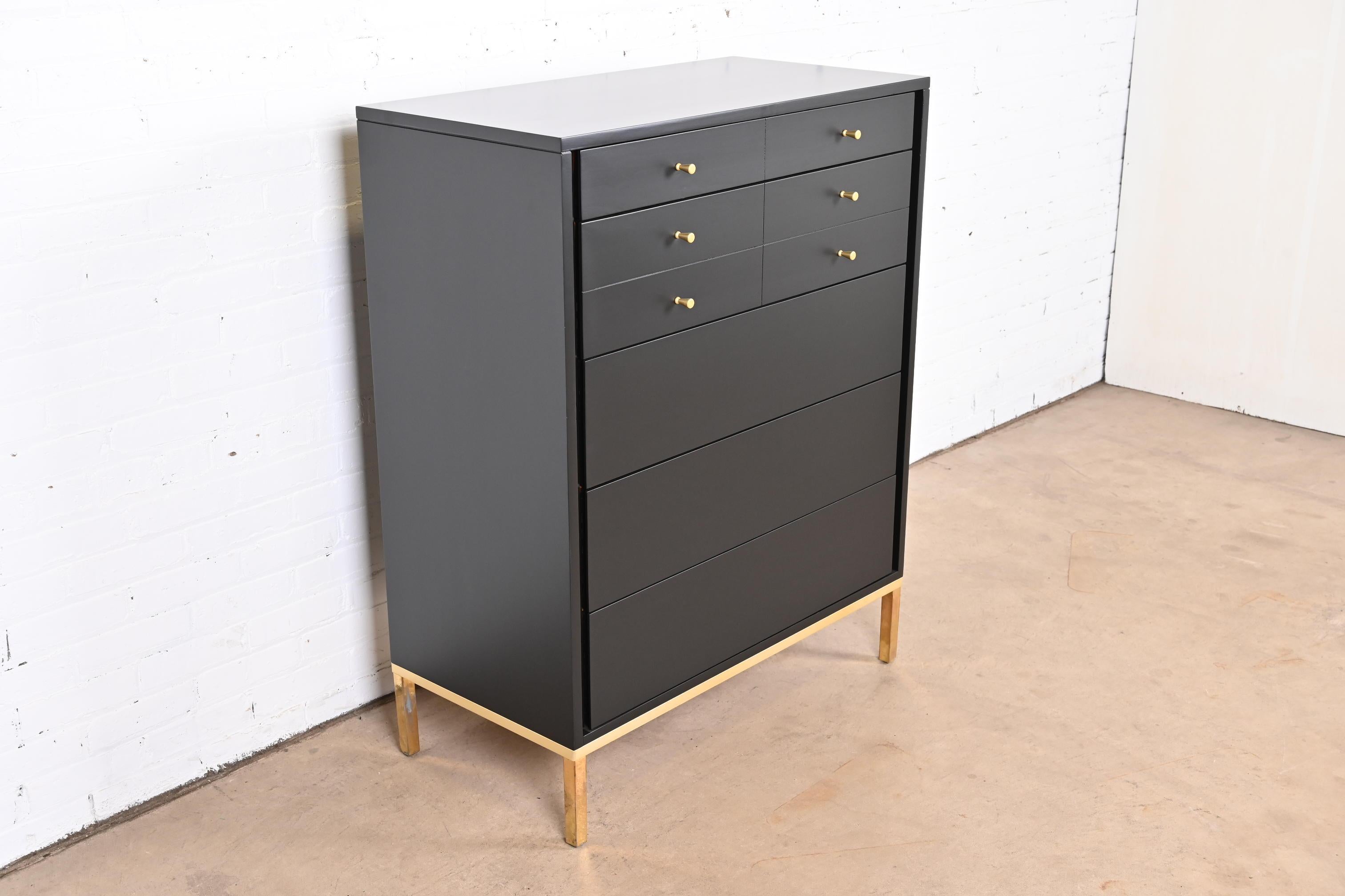 Brass John Stuart Mid-Century Modern Black Lacquered Highboy Dresser, Newly Refinished