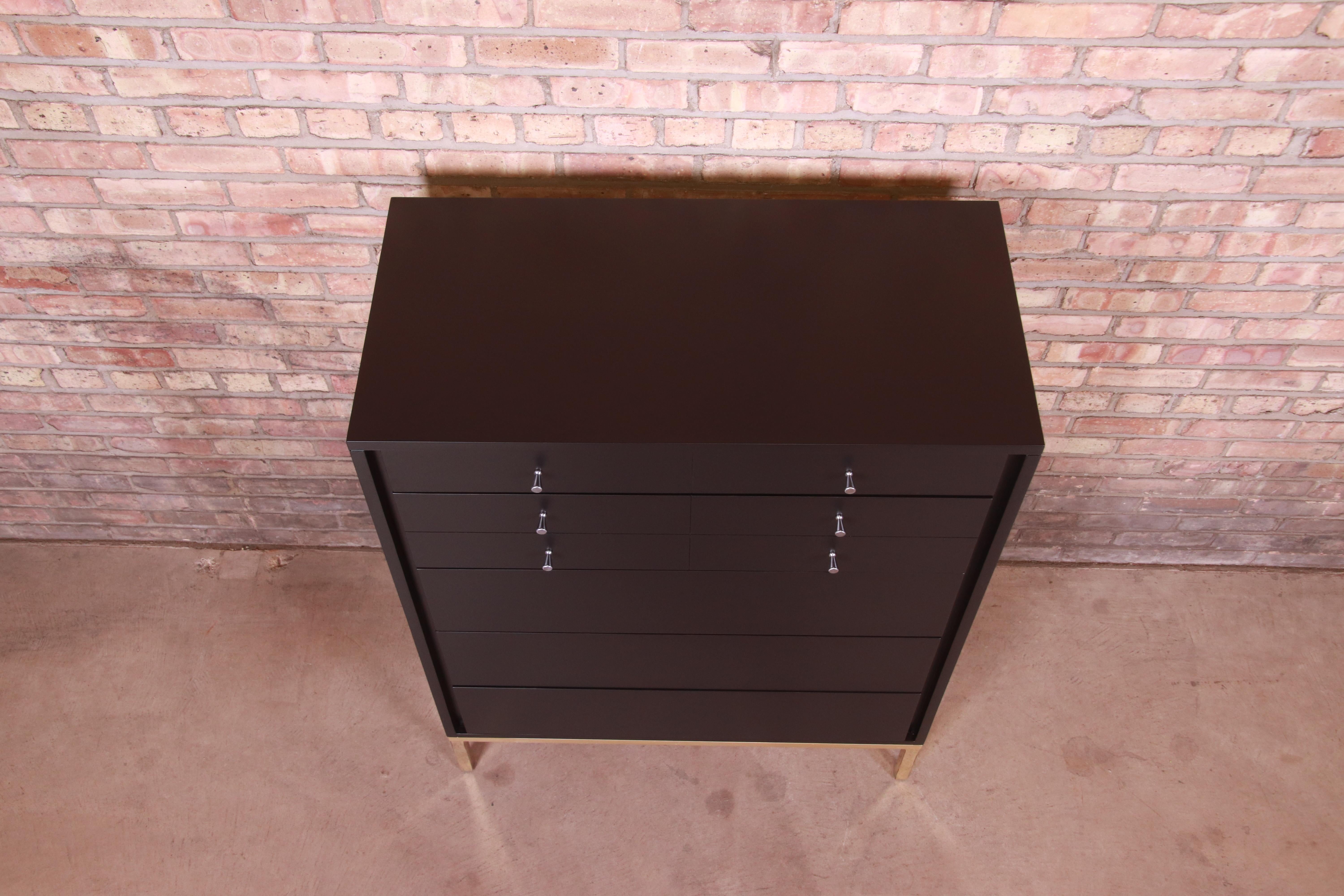 John Stuart Mid-Century Modern Black Lacquered Highboy Dresser, Newly Refinished 1