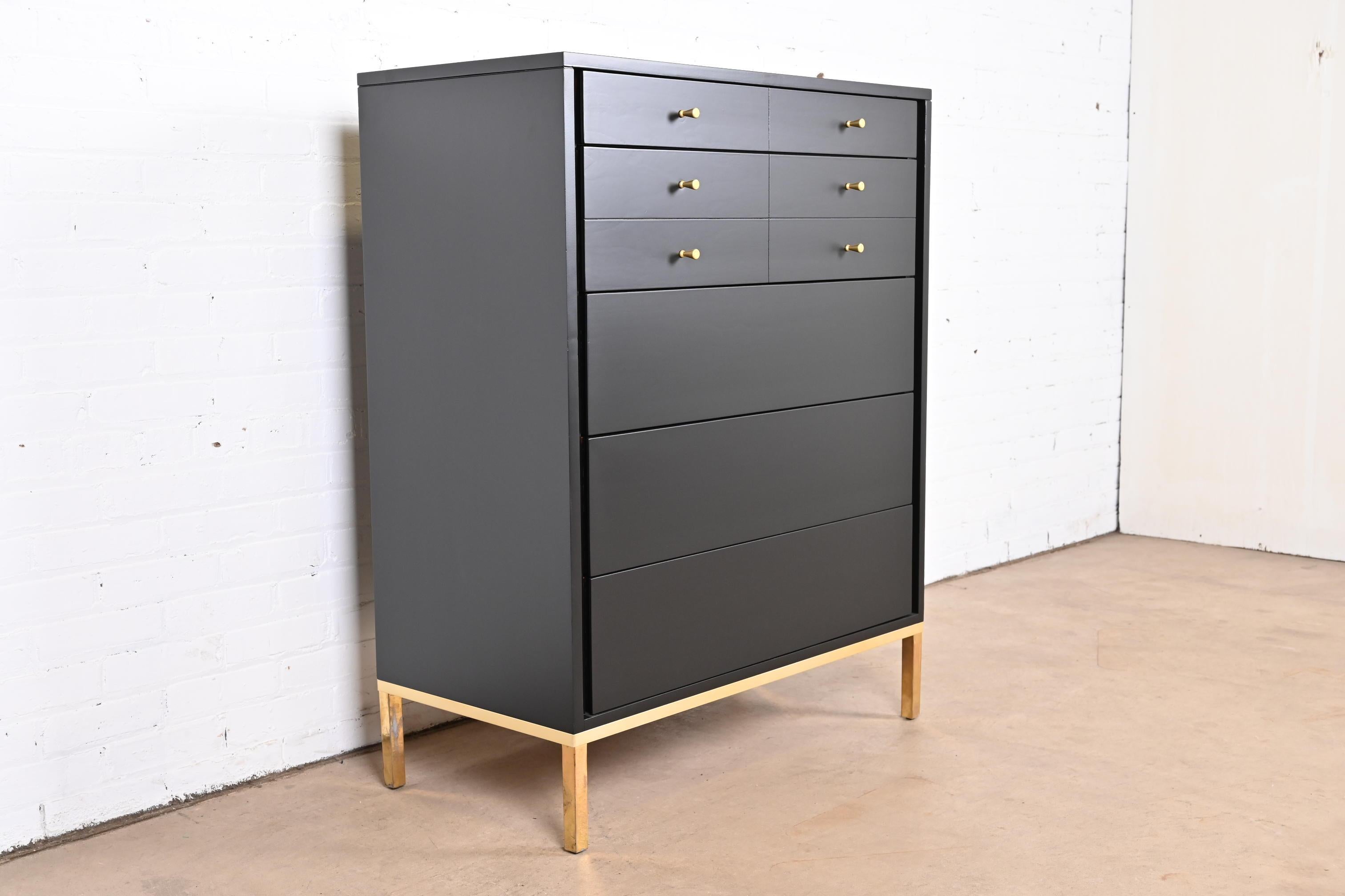 John Stuart Mid-Century Modern Black Lacquered Highboy Dresser, Newly Refinished 1
