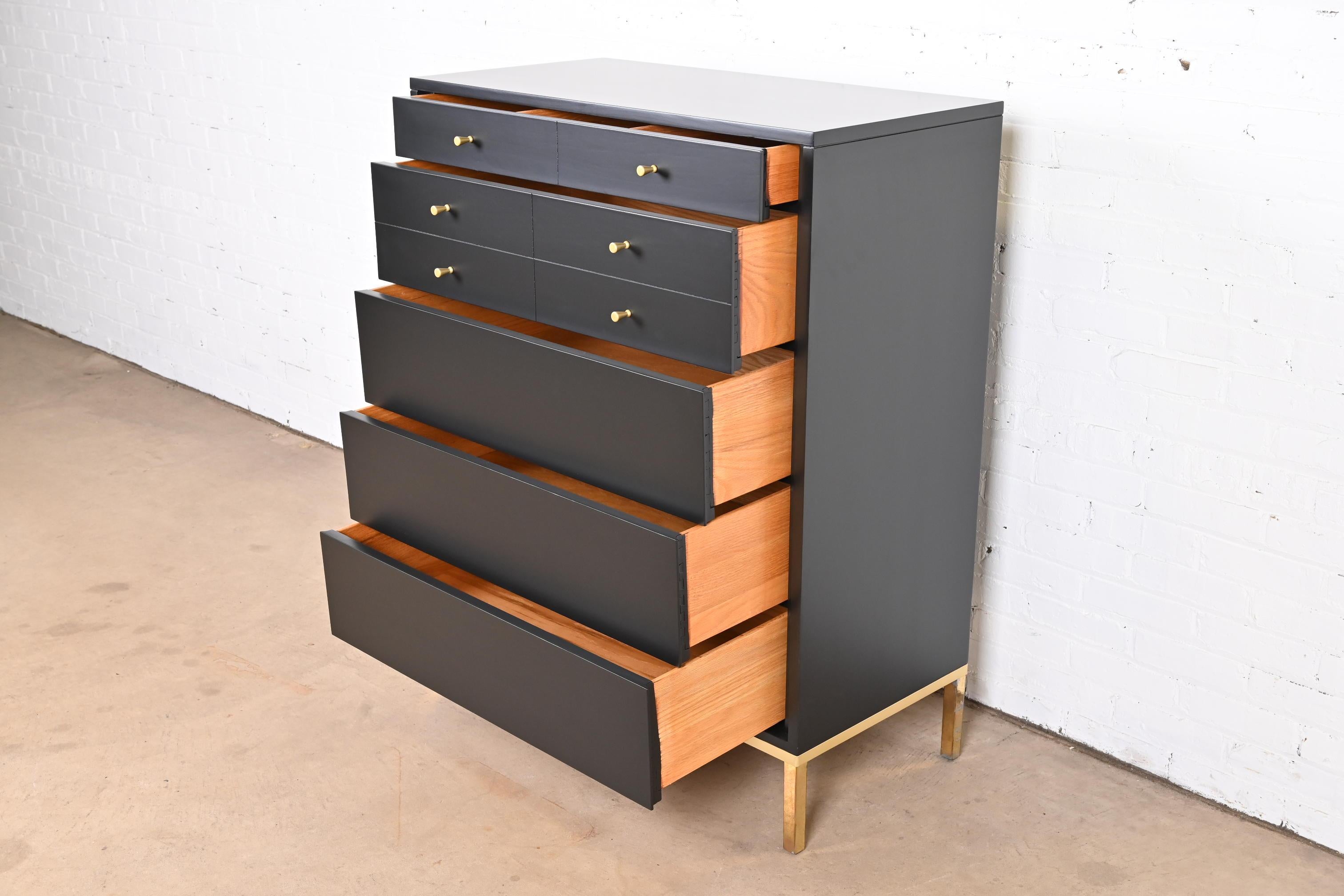 John Stuart Mid-Century Modern Black Lacquered Highboy Dresser, Newly Refinished 2