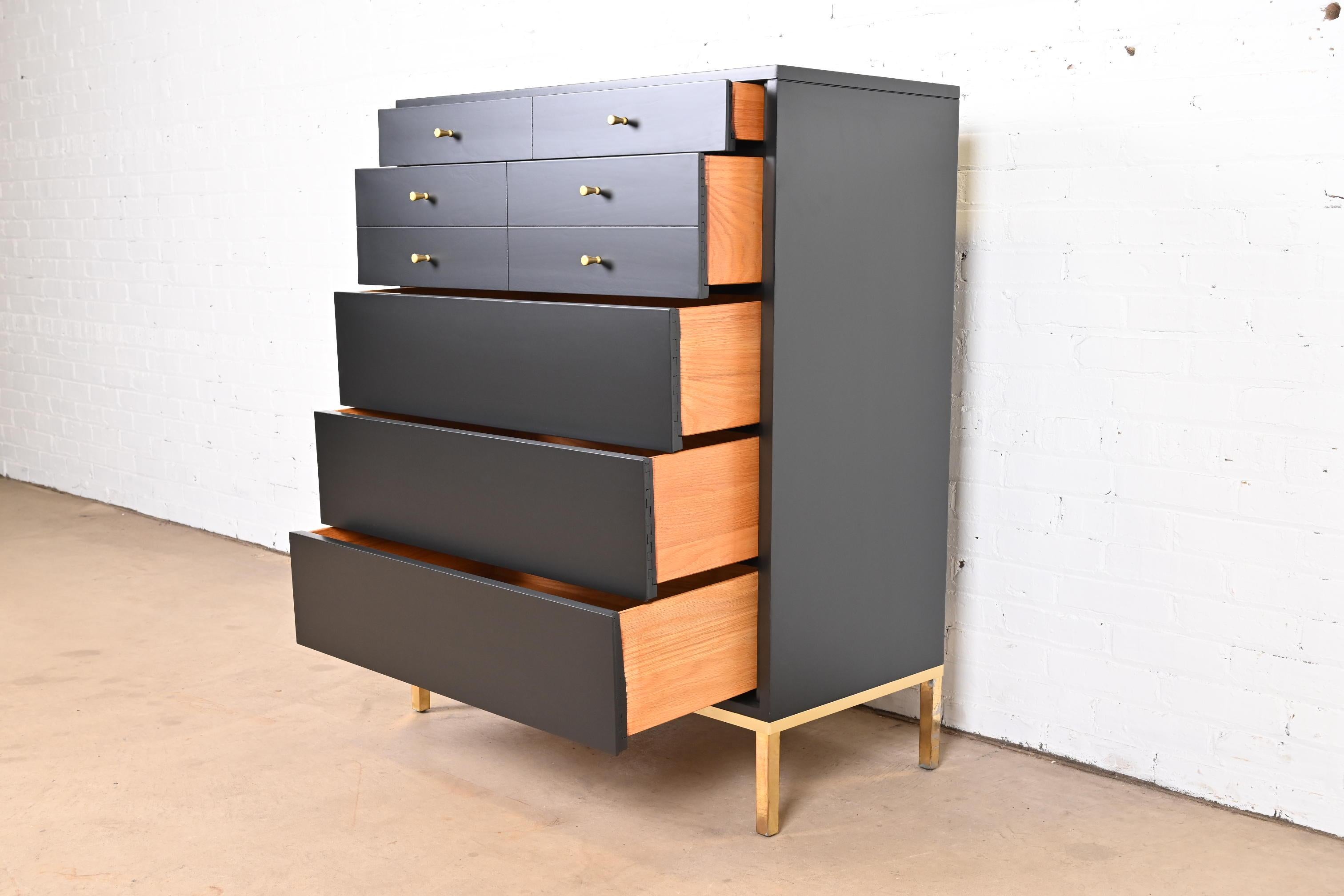 John Stuart Mid-Century Modern Black Lacquered Highboy Dresser, Newly Refinished 3