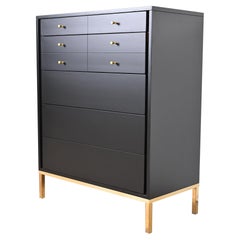 John Stuart Mid-Century Modern Black Lacquered Highboy Dresser, Newly Refinished