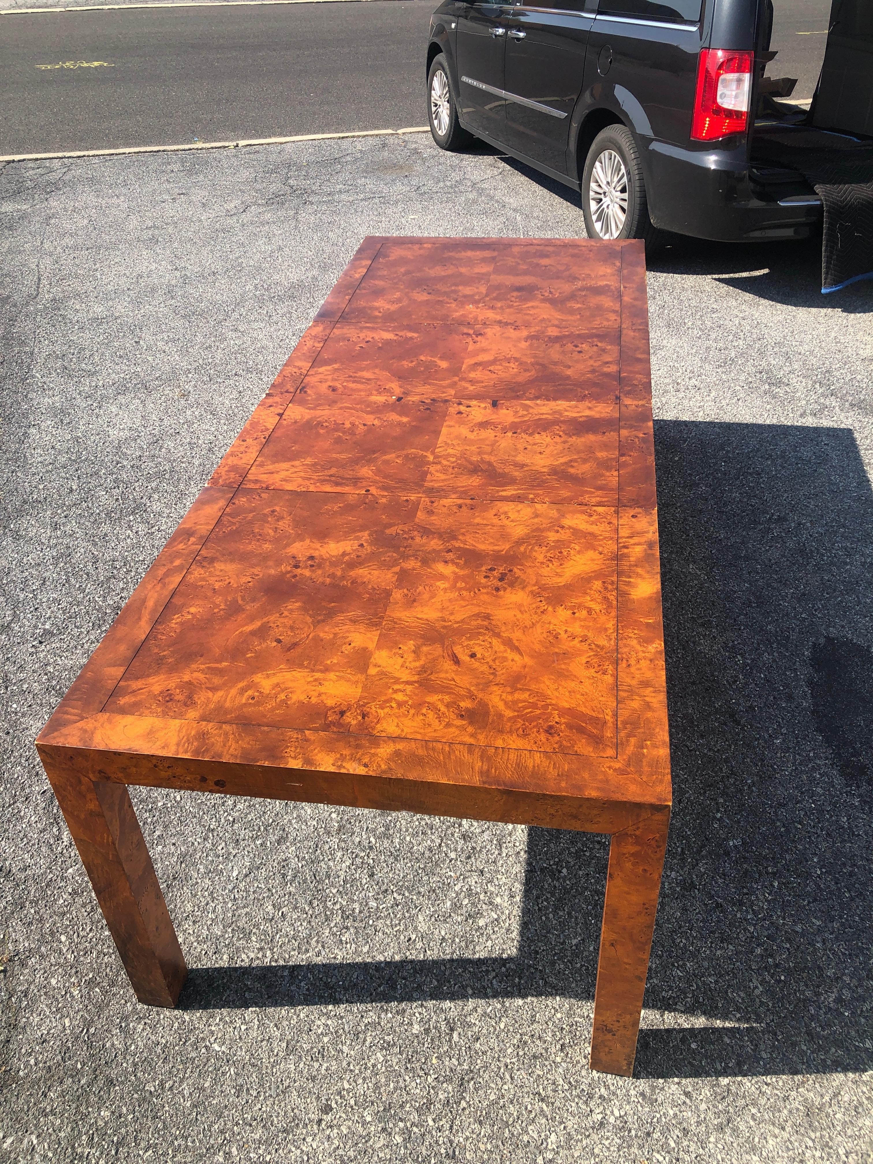 John Stuart Mid-Century Modern Burl Wood Extension Dining Table Olive Wood For Sale 3
