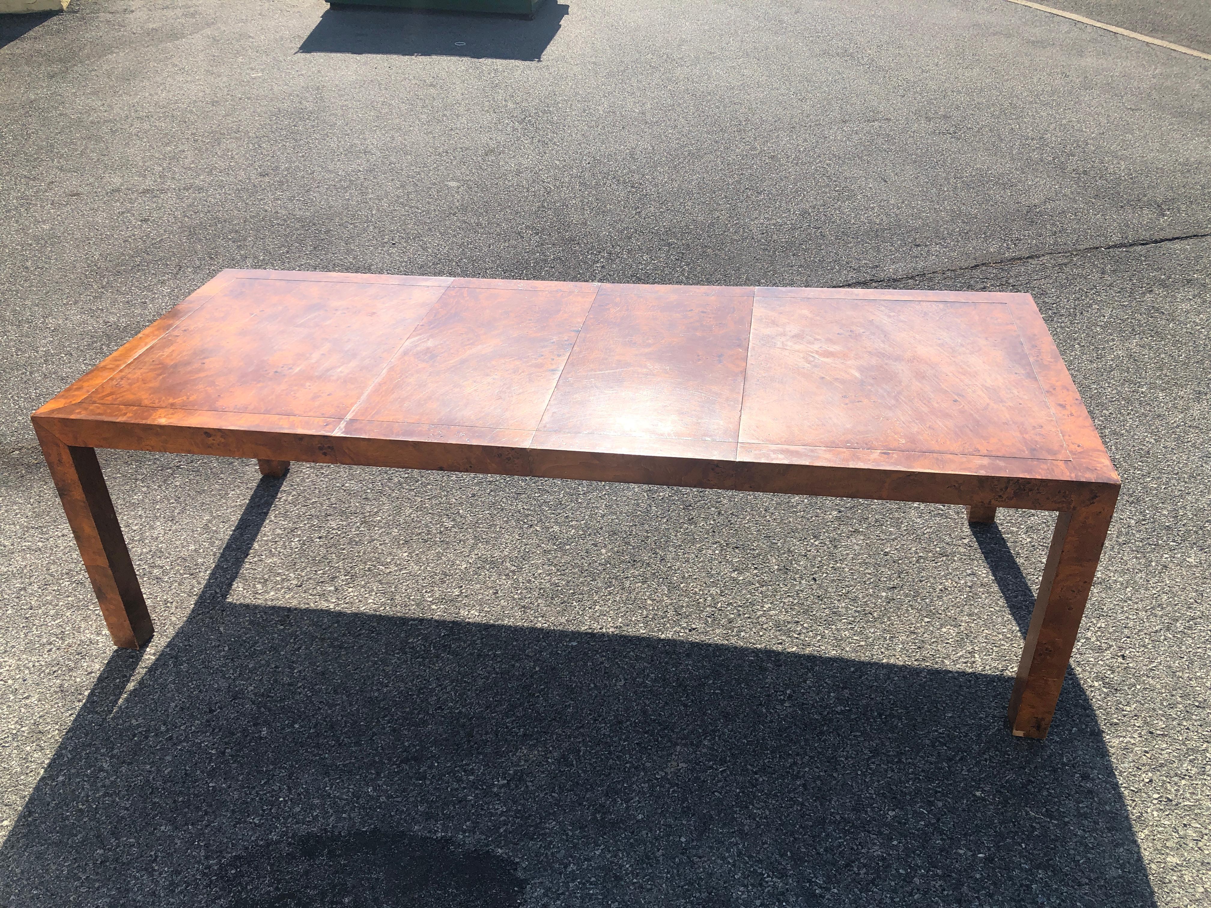 John Stuart Mid-Century Modern Burl Wood Extension Dining Table Olive Wood For Sale 2