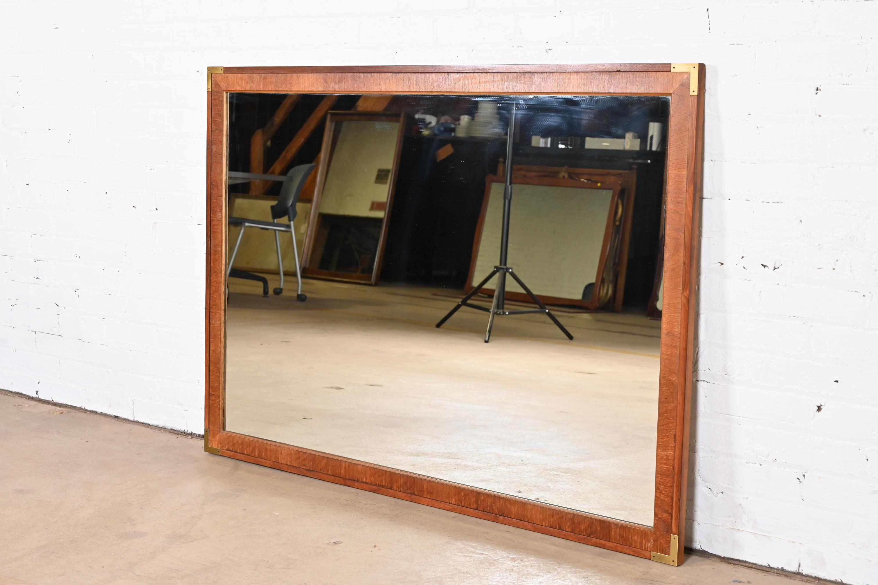 John Stuart Mid-Century Modern Campaign Walnut and Brass Wall Mirror 1