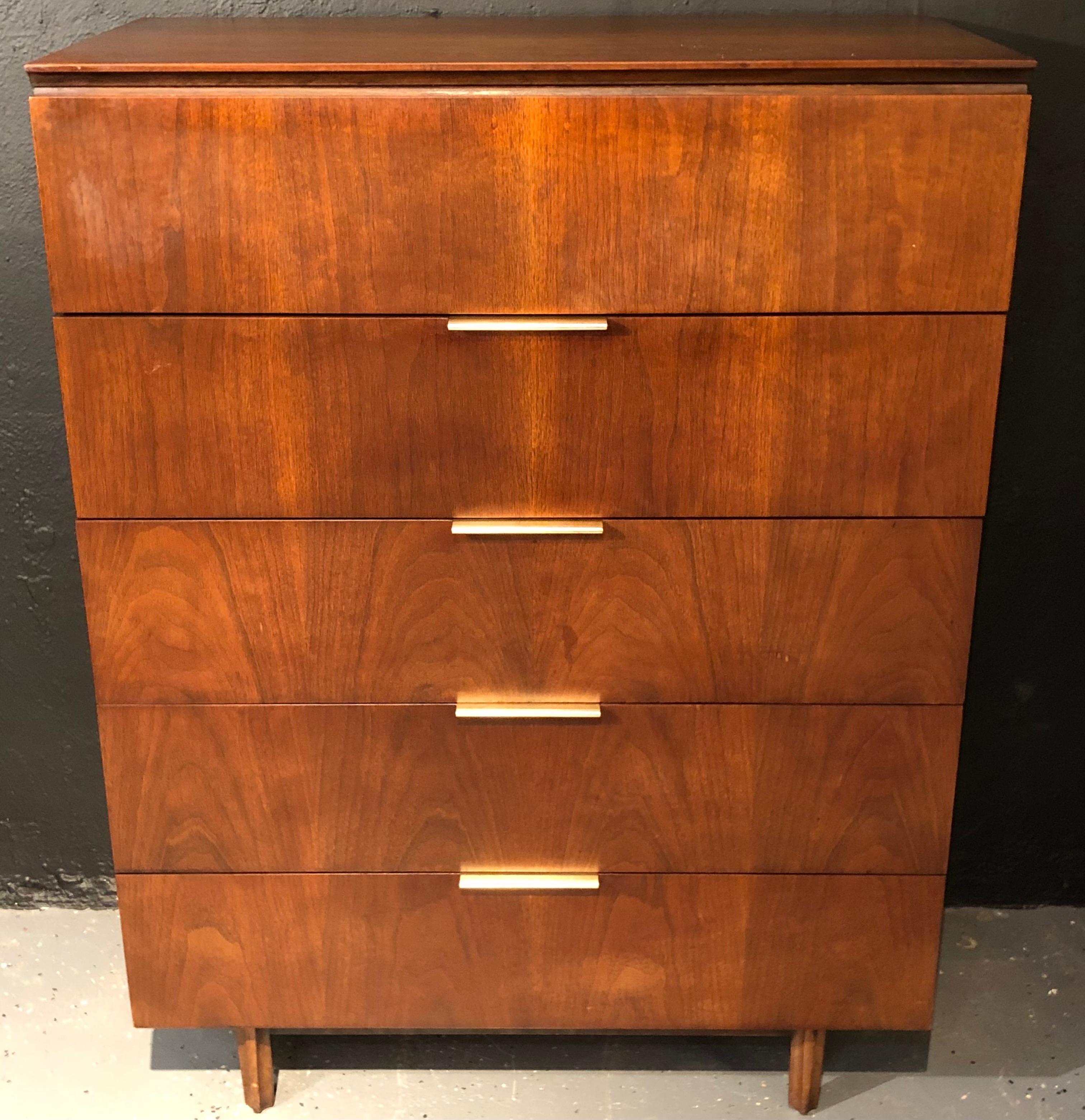 John Stuart Mid-Century Modern chest of five drawers with steel handles.