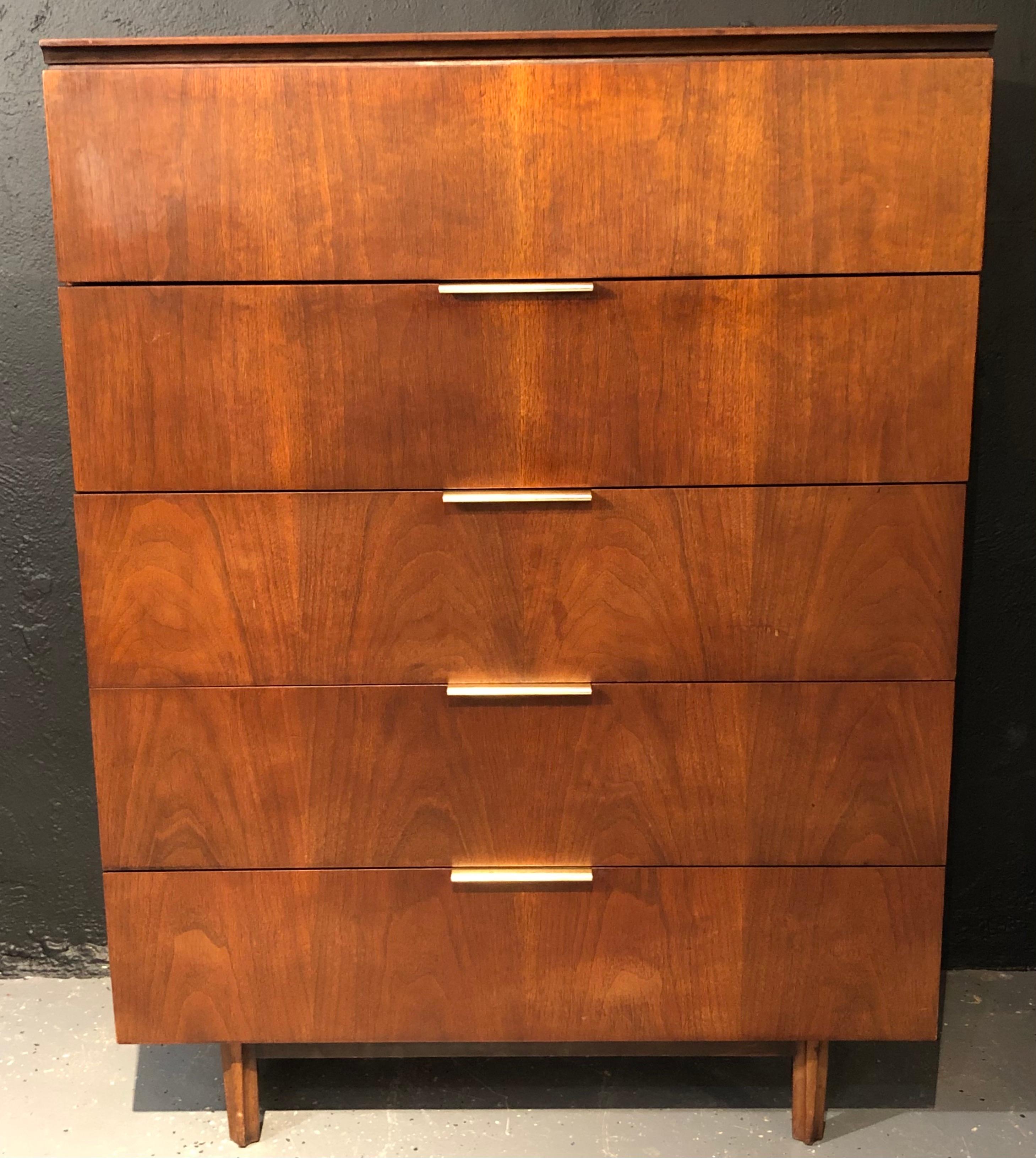 American John Stuart Mid-Century Modern Chest of Five Drawers with Steel Handles