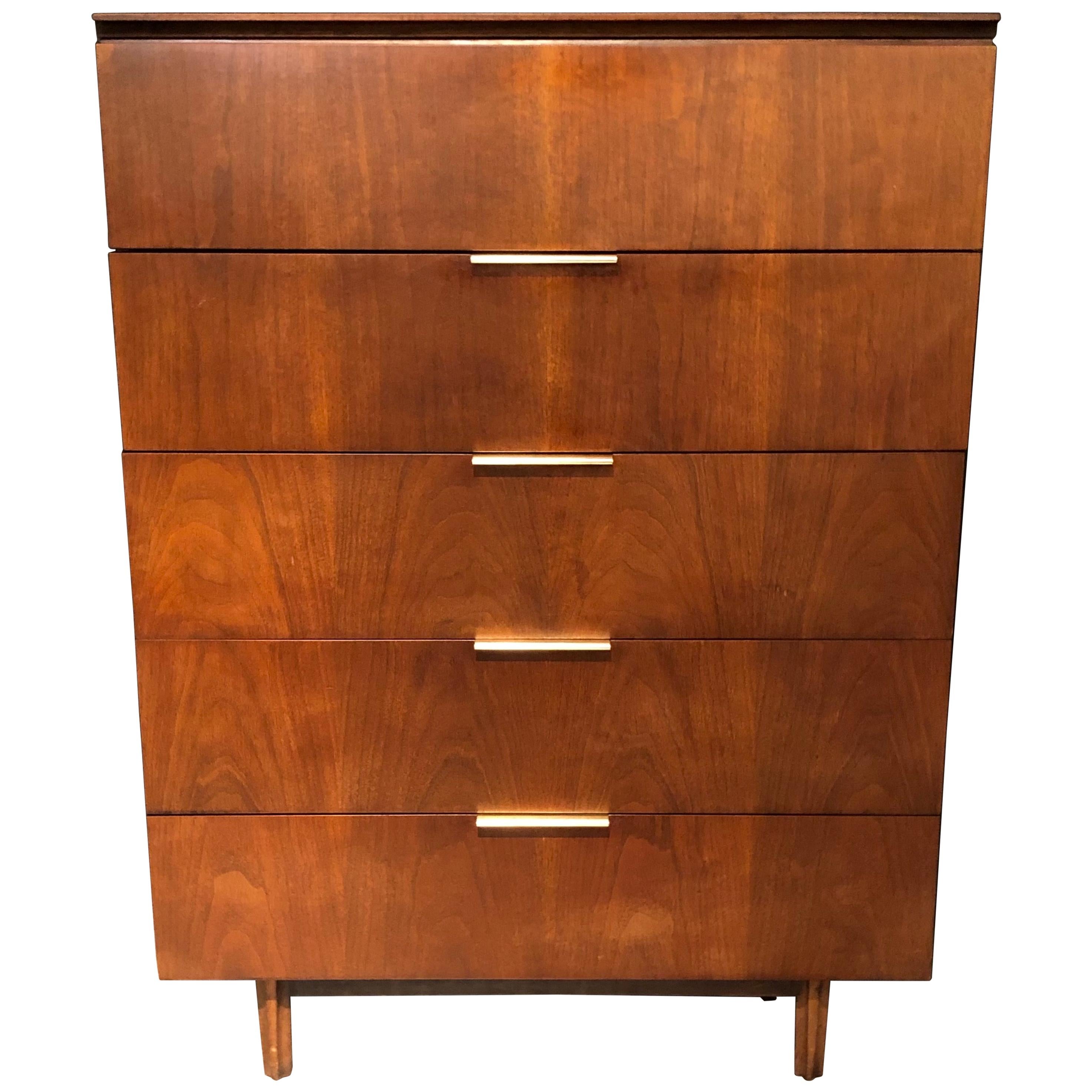 John Stuart Mid-Century Modern Chest of Five Drawers with Steel Handles