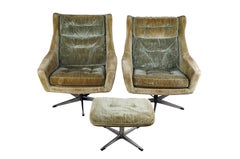 John Stuart Mid Century Modern Danish Wingback Club Lounge Armchairs & Ottoman