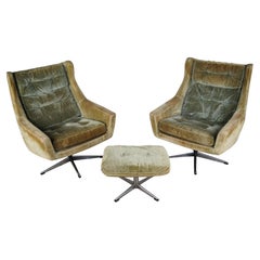 John Stuart Mid Century Modern Danish Wingback Club Lounge Armchairs & Ottoman