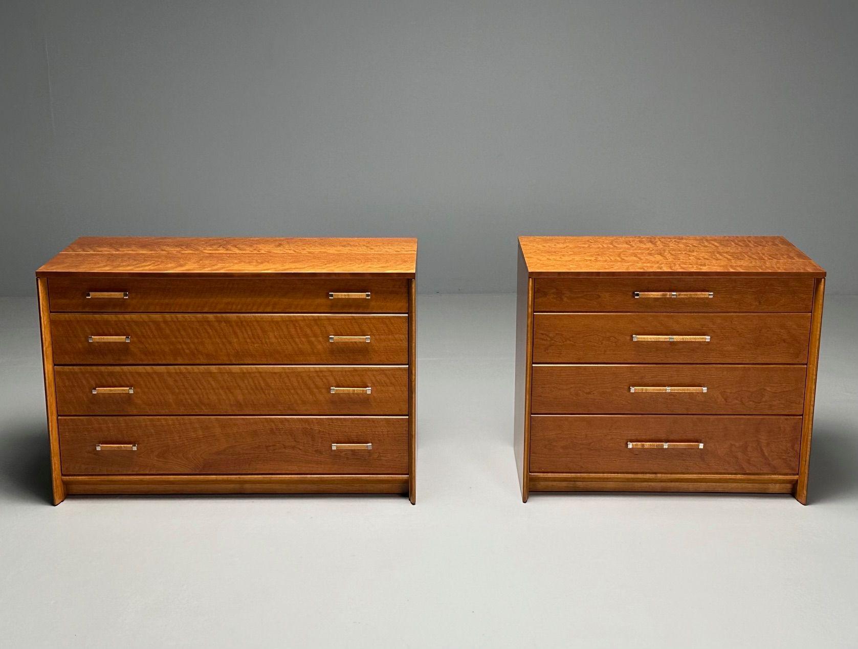 John Stuart, Johnson Furniture Co., Mid-Century Modern, Dressers, Birdseye Maple, Chrome, USA, 1960s

Compatible pair of mid-century modern cabinets designed and produced for John Stuart/Johnson Furniture Co. Each example features fully refinished