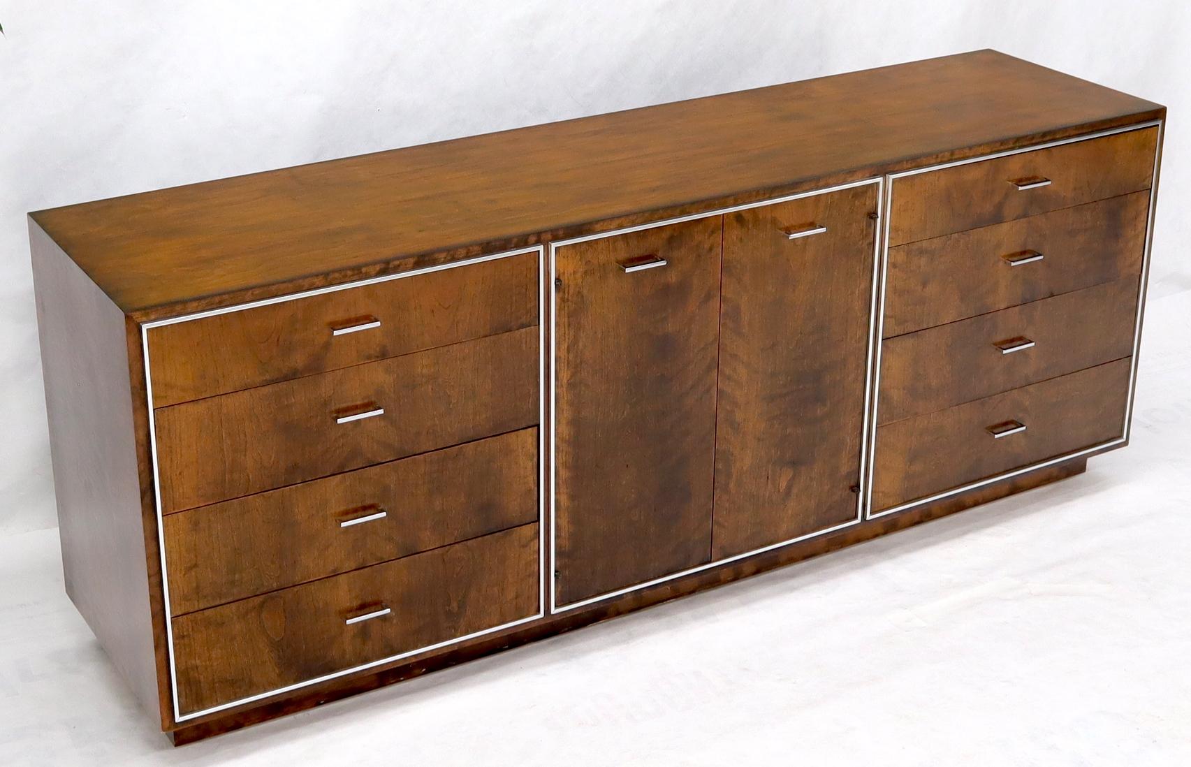 American John Stuart mid-century modern long burl walnut dresser credenza w/ Chrome bezel For Sale