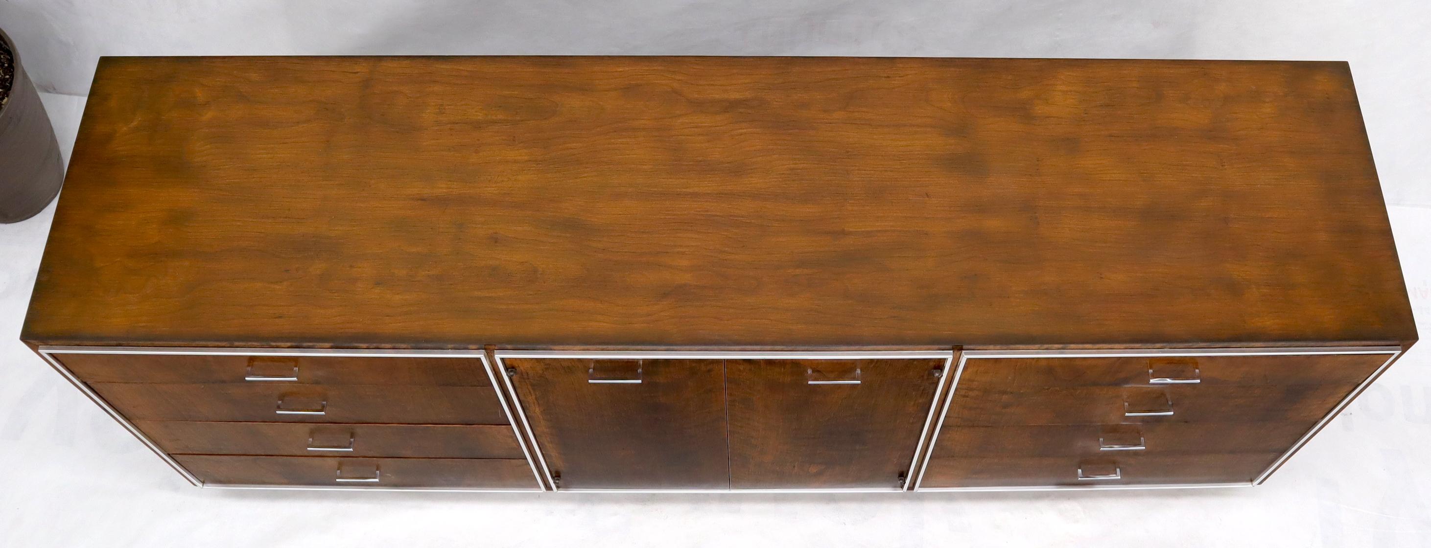 John Stuart mid-century modern long burl walnut dresser credenza w/ Chrome bezel For Sale 1