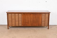 John Stuart Mid-Century Modern Sideboard Credenza in Walnut, Cane, and Brass