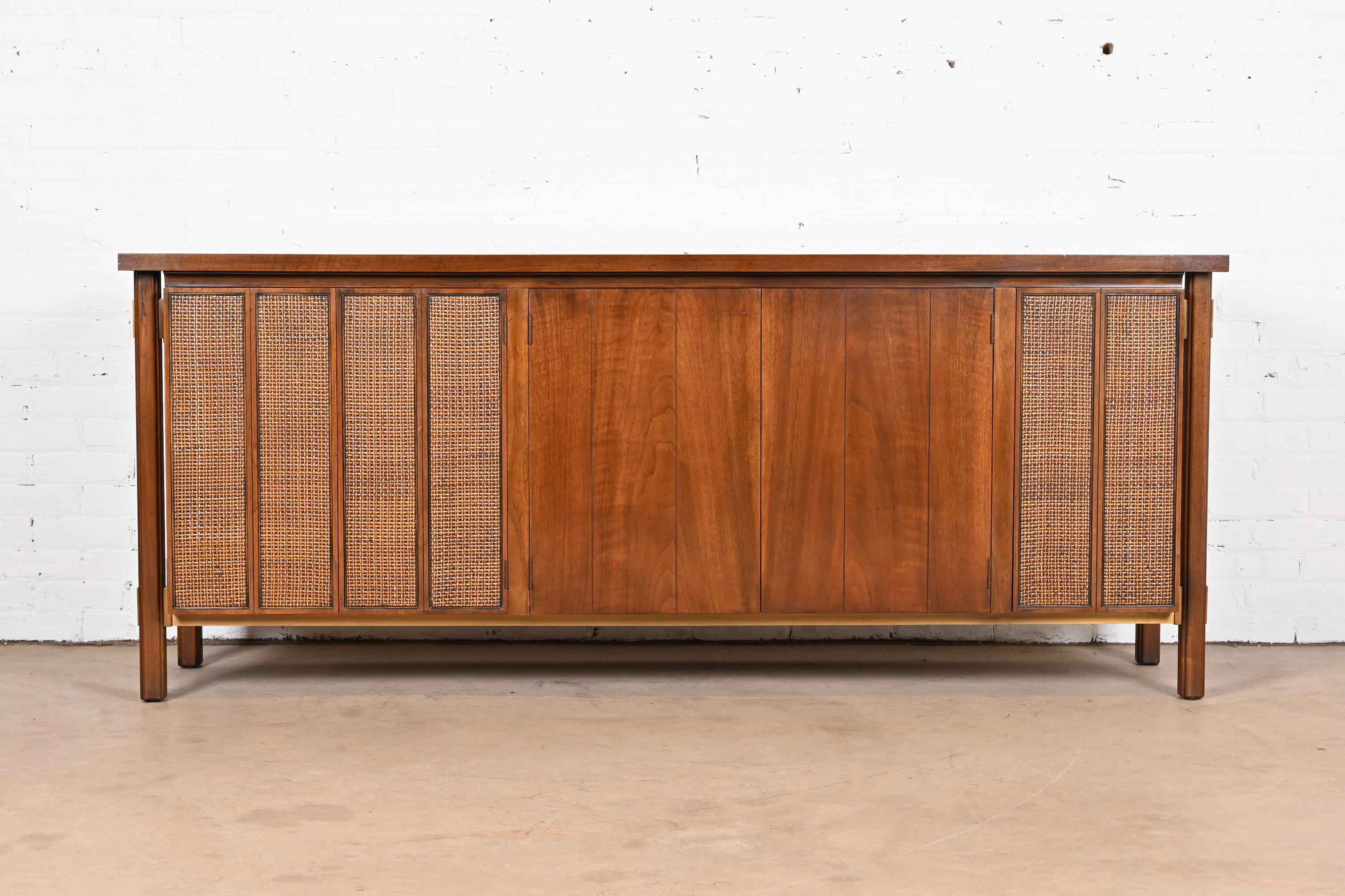 American John Stuart Mid-Century Modern Sideboard Credenza in Walnut, Cane, and Brass