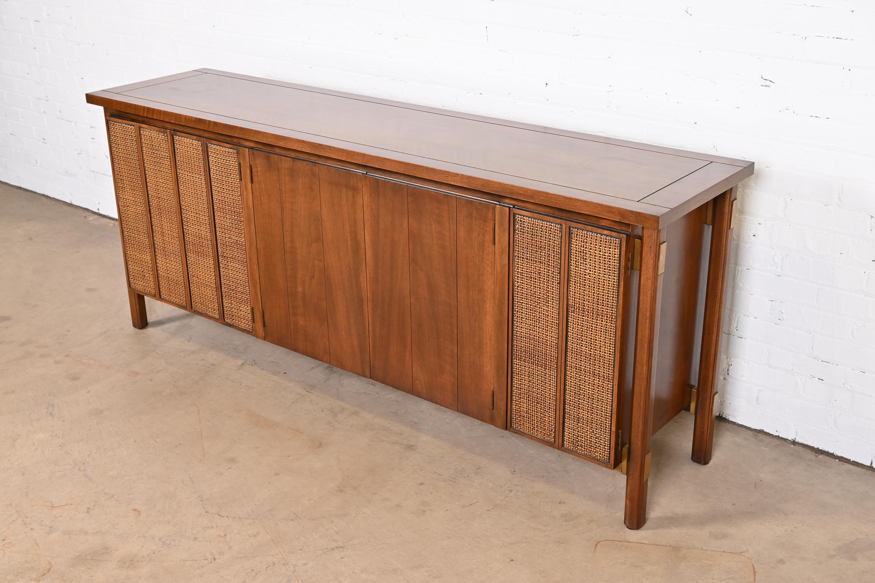 John Stuart Mid-Century Modern Sideboard Credenza in Walnut, Cane, and Brass In Good Condition In South Bend, IN
