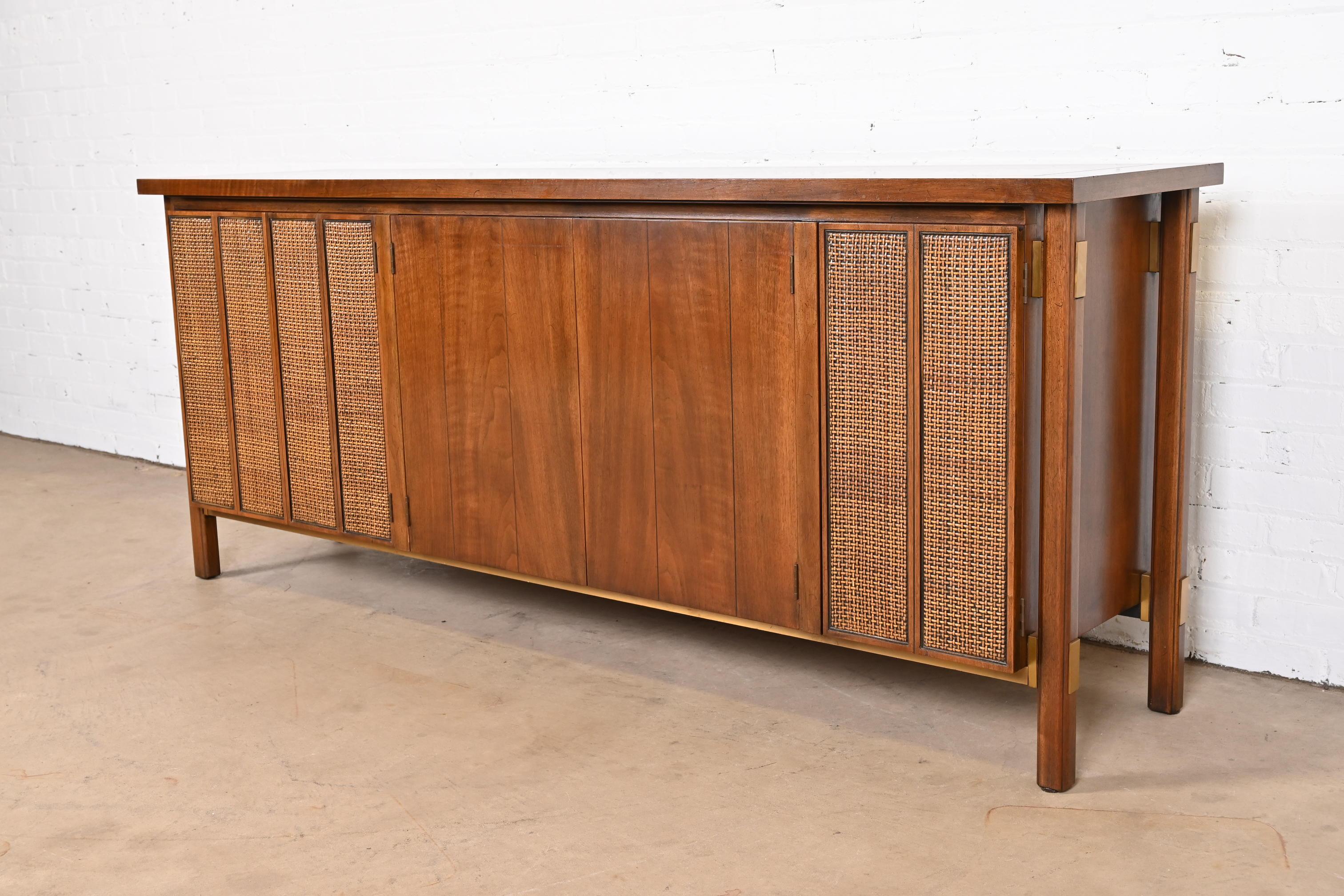 Mid-20th Century John Stuart Mid-Century Modern Sideboard Credenza in Walnut, Cane, and Brass