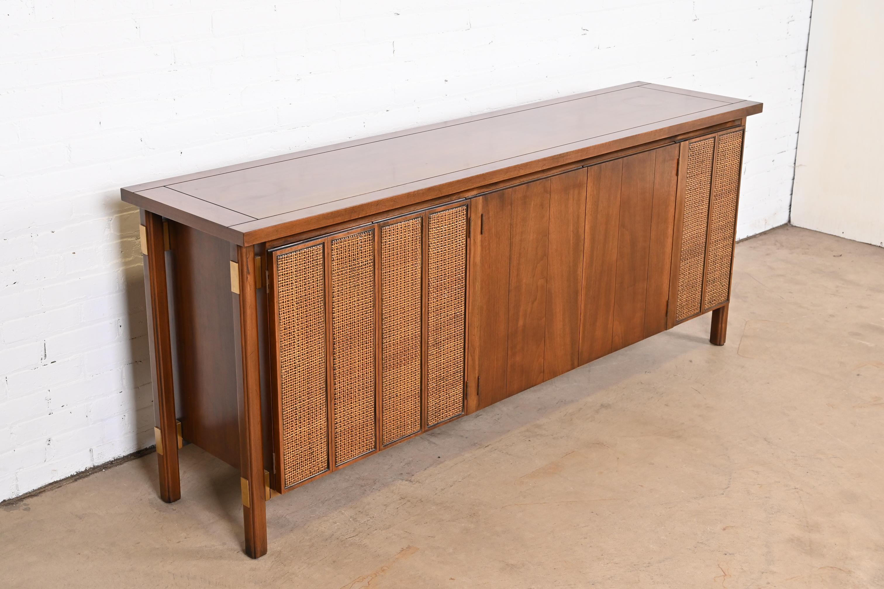 John Stuart Mid-Century Modern Sideboard Credenza in Walnut, Cane, and Brass 1