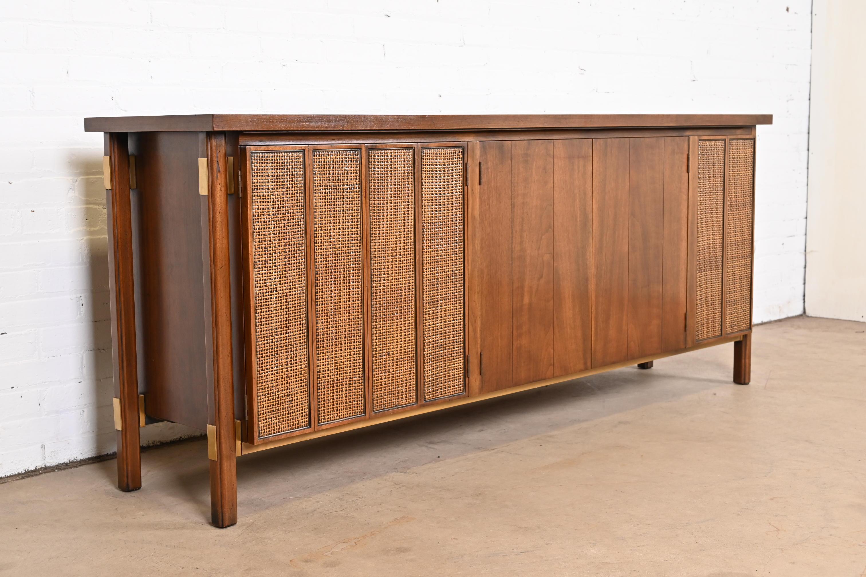 John Stuart Mid-Century Modern Sideboard Credenza in Walnut, Cane, and Brass 2