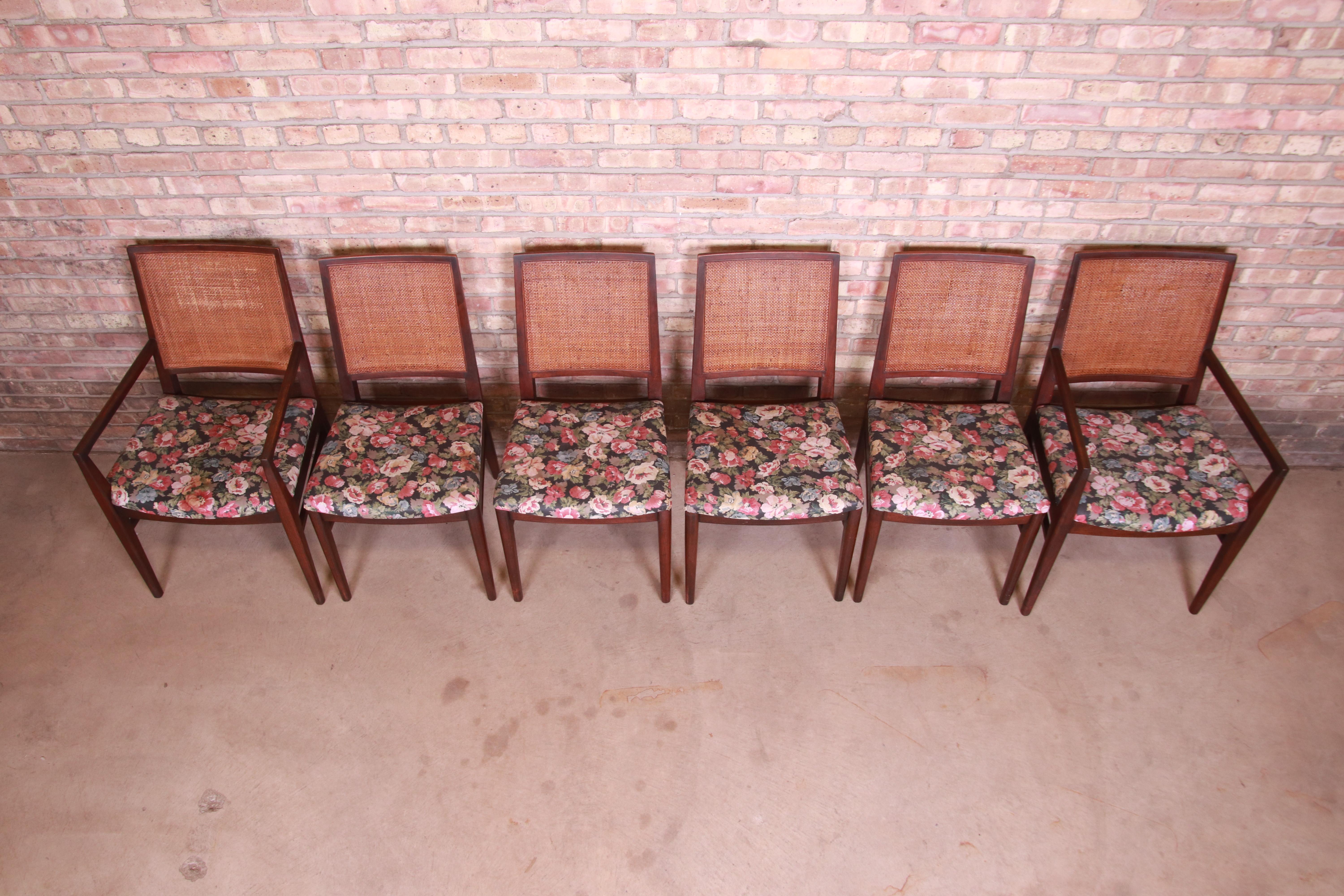 John Stuart Mid-Century Modern Walnut and Cane Dining Chairs, Set of Six 1