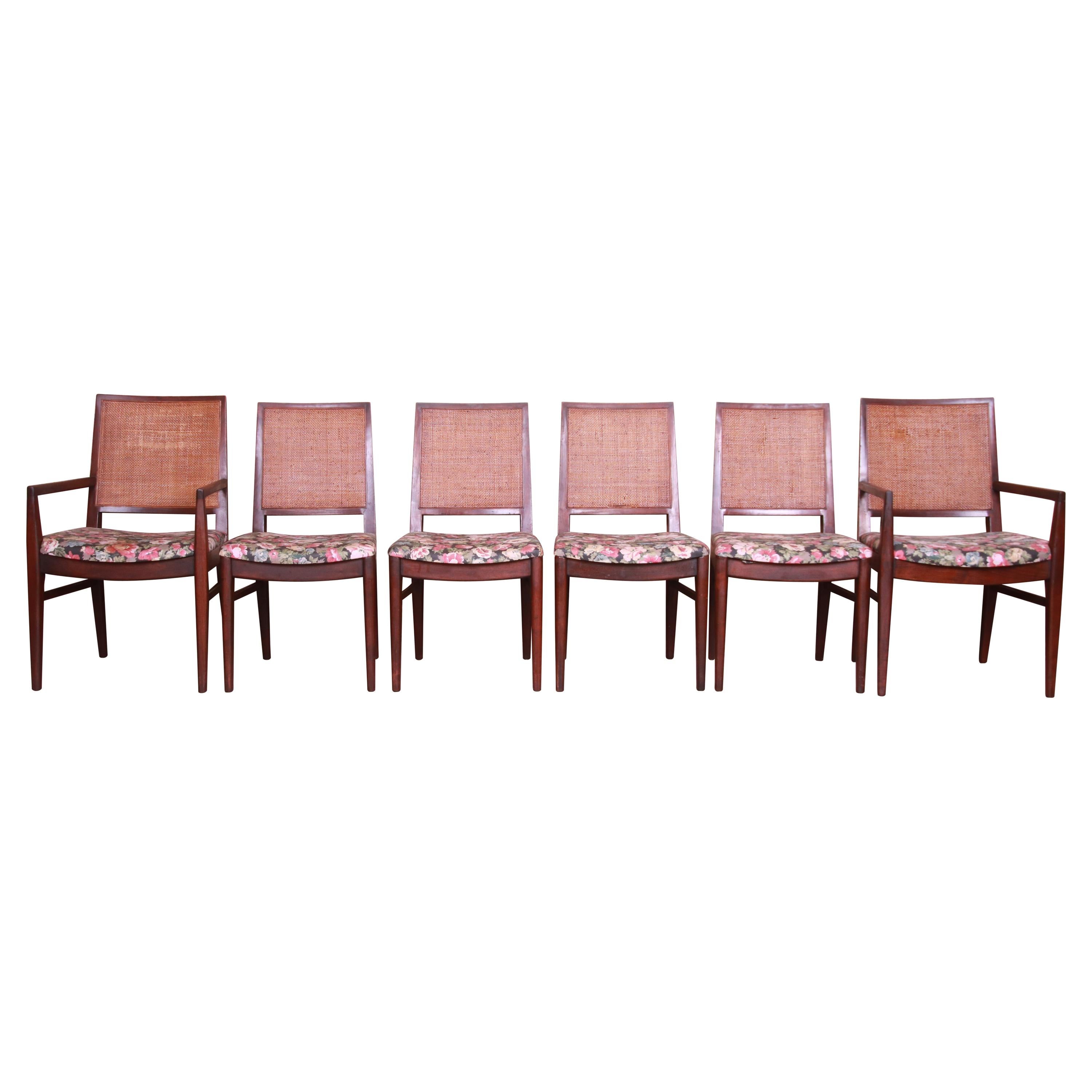 John Stuart Mid-Century Modern Walnut and Cane Dining Chairs, Set of Six