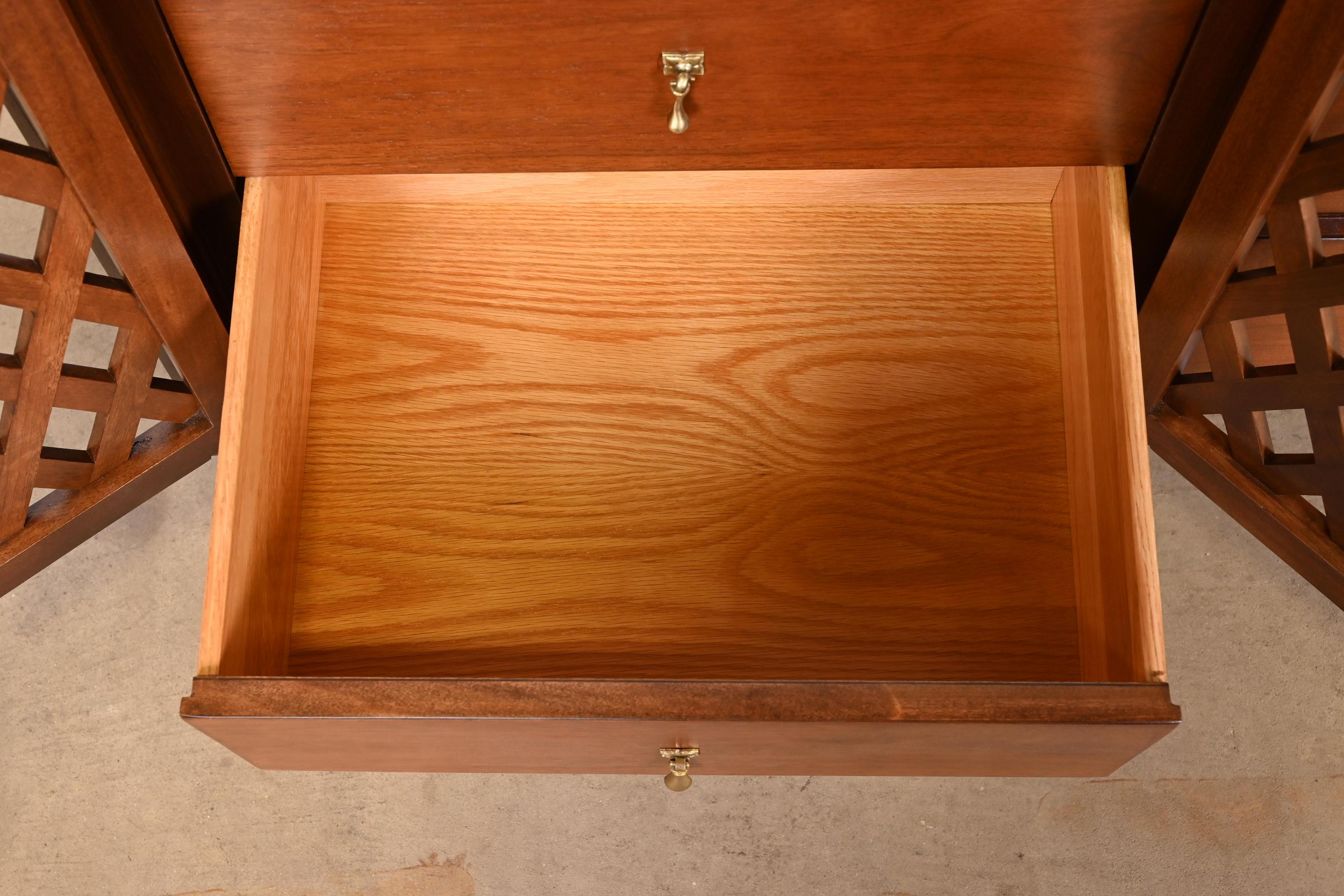 Brass John Stuart Mid-Century Modern Walnut Triple Dresser or Credenza, Refinished For Sale