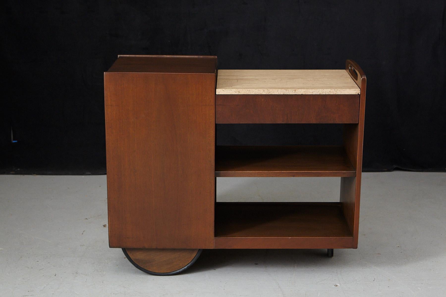 Mid-Century Modern John Stuart Rolling Bar Cart on Big Wheels and Travertine Serving Top For Sale