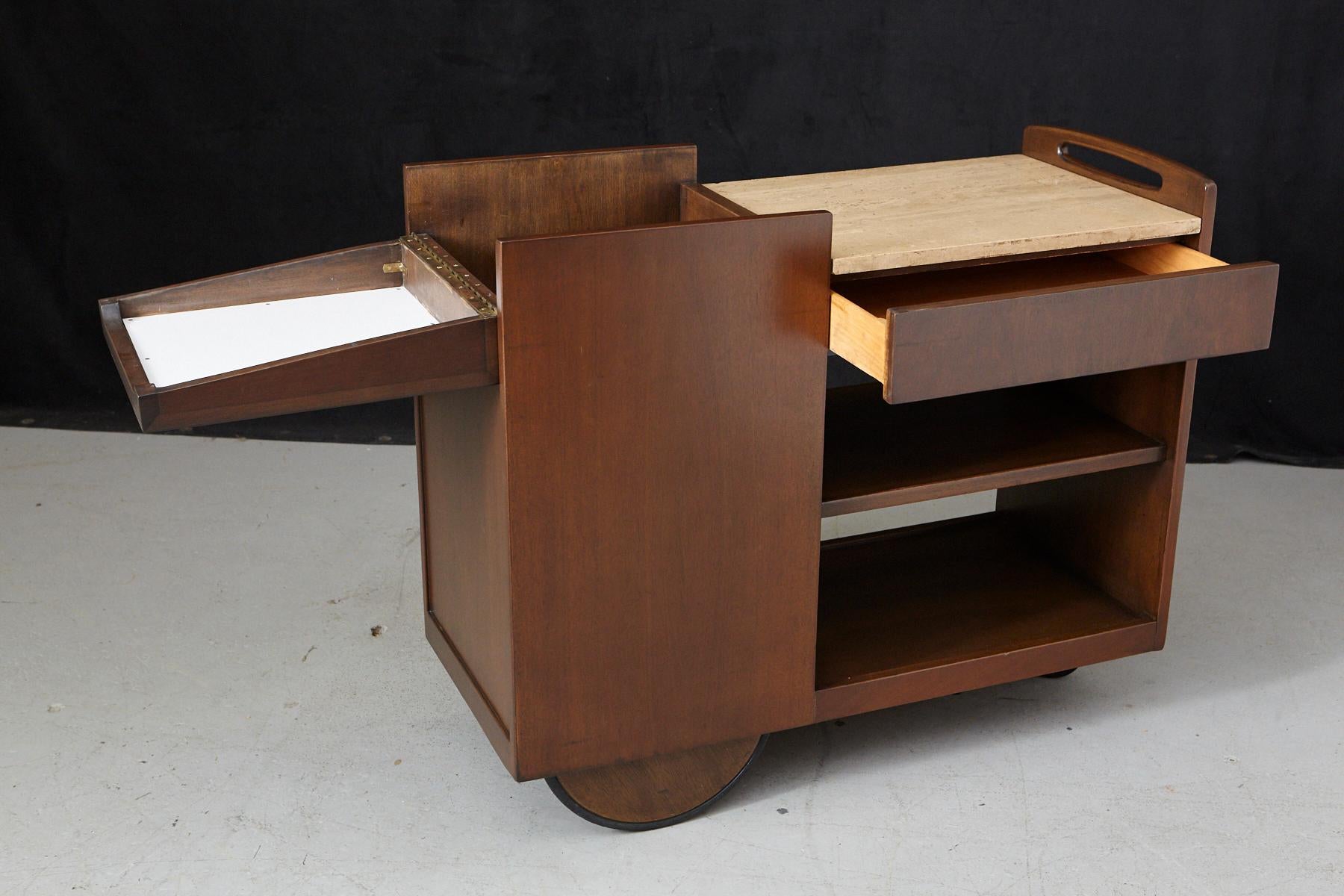 American John Stuart Rolling Bar Cart on Big Wheels and Travertine Serving Top For Sale