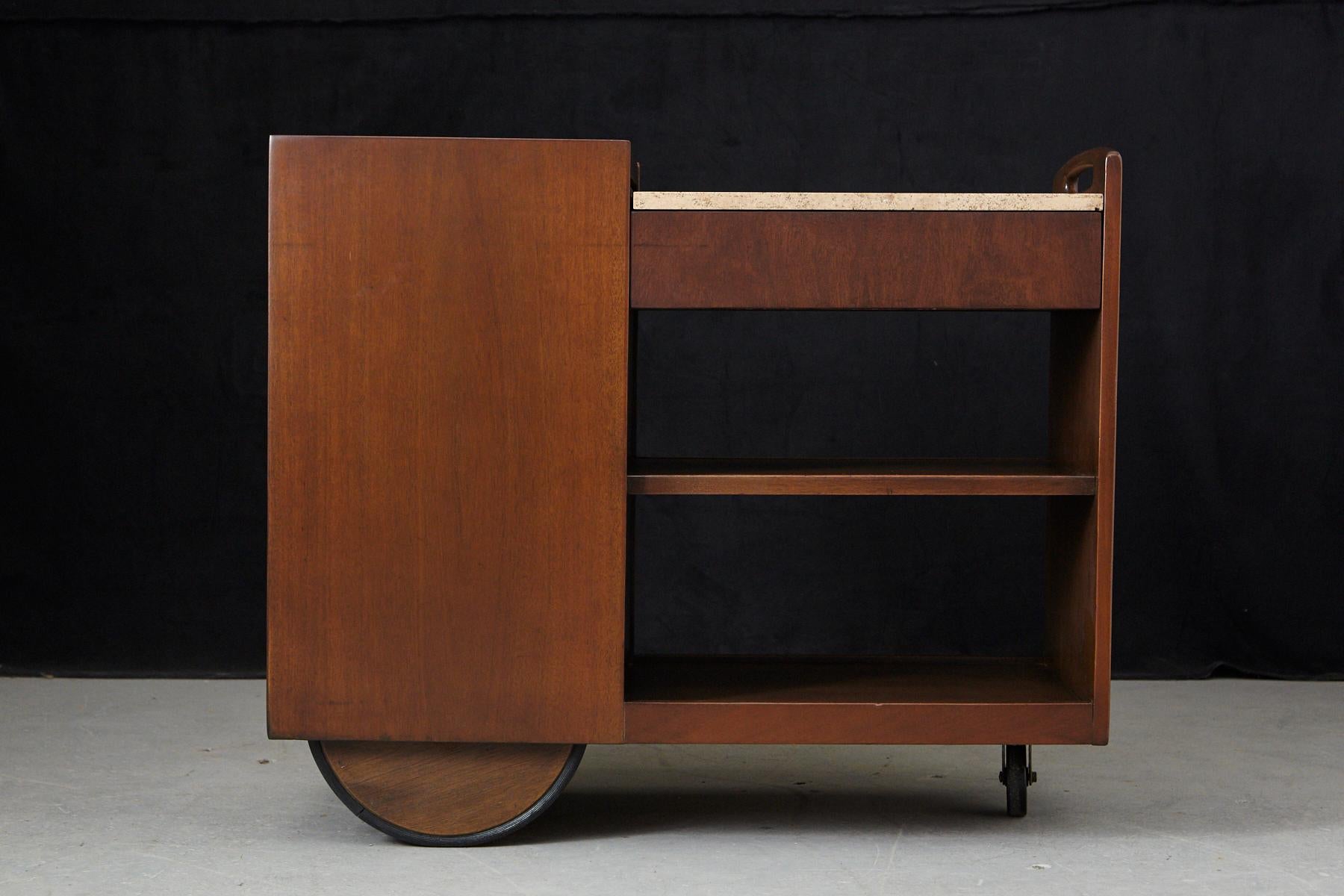 Mid-20th Century John Stuart Rolling Bar Cart on Big Wheels and Travertine Serving Top For Sale